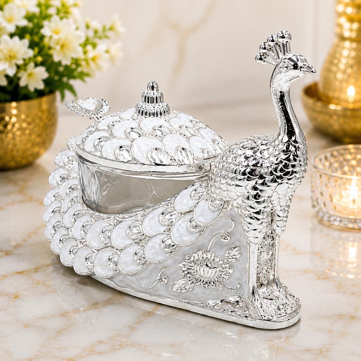 Premium German Silver Peacock Premium Gifts, Dry Fruit Bowl with Glass Container & Lid | Decorative Candy Jar for Home Décor, Gifting, Mukhwas, Chocolates & Festive Serving (Mercury colour)-image-5
