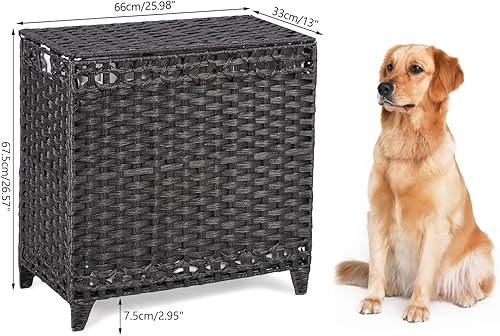 Miniatura 7 de Laundry Hamper with 3 Removable Liner Bags; 132L Handwoven Rattan Laundry Basket with Lid & Heightened Feet; Clothes Hamper with Side Handles; Negro