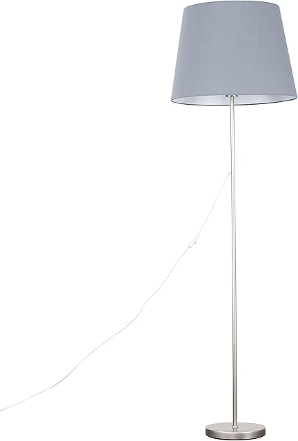 MiniSun Modern Standard Floor Lamp in a Brushed Chrome Metal Finish with an Extra Large Grey Tapered Shade - Complete with a 6w LED GLS Bulb [3000K Warm White]