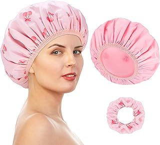 Double-Sided Shower Cap for Women, 2 in 1 Reusable Waterproof Cherry Print Bath Cap Christmas Gift Stocking Stuffers for Women Girls Long Thick Hair