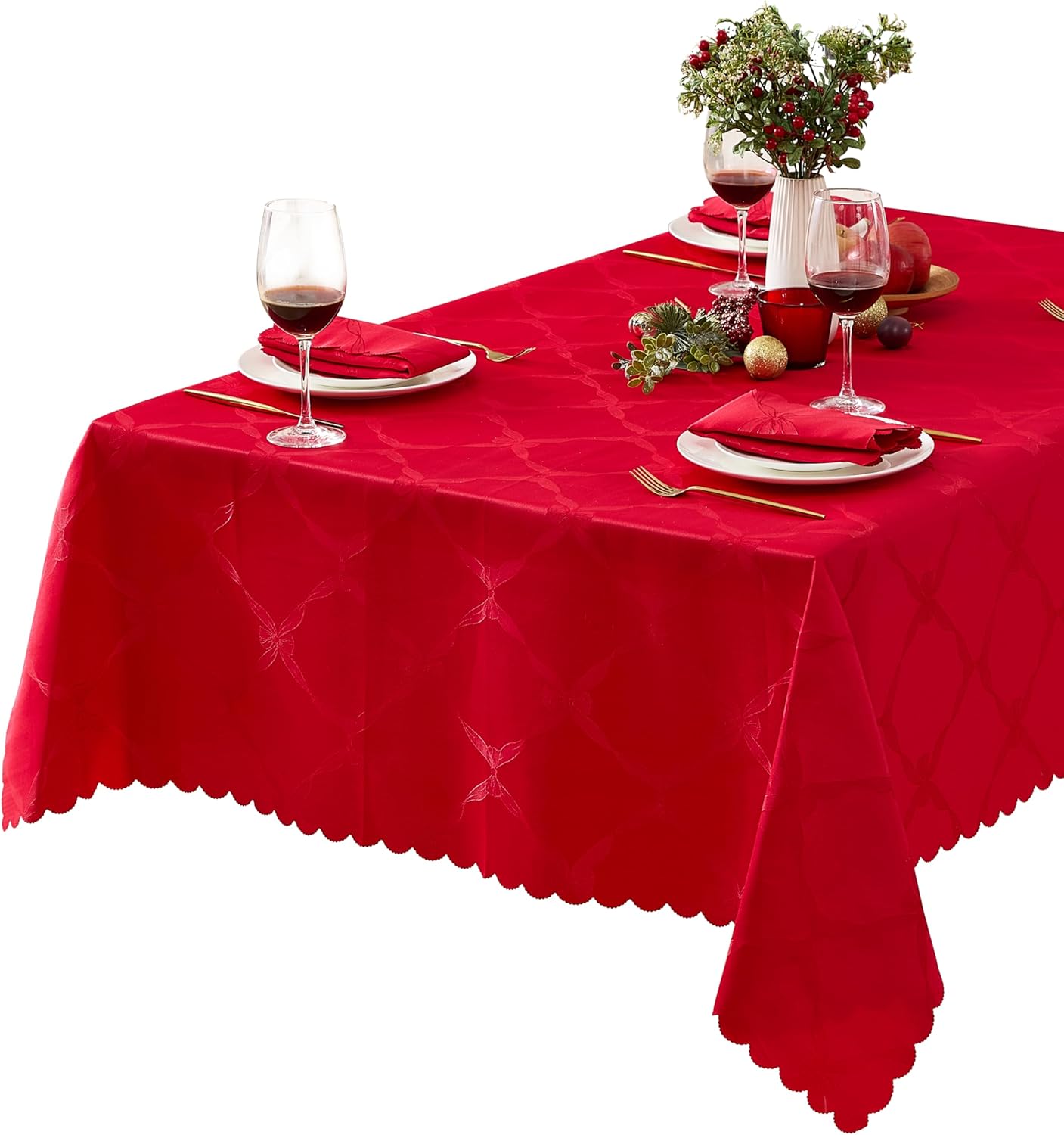 Newbridge Christmas Rectangle Tablecloth, 60 x 144 Inch, Ribbons and Bows Damask, Wrinkle and Stain Resistant Fabric Table Cloth, Holiday Red