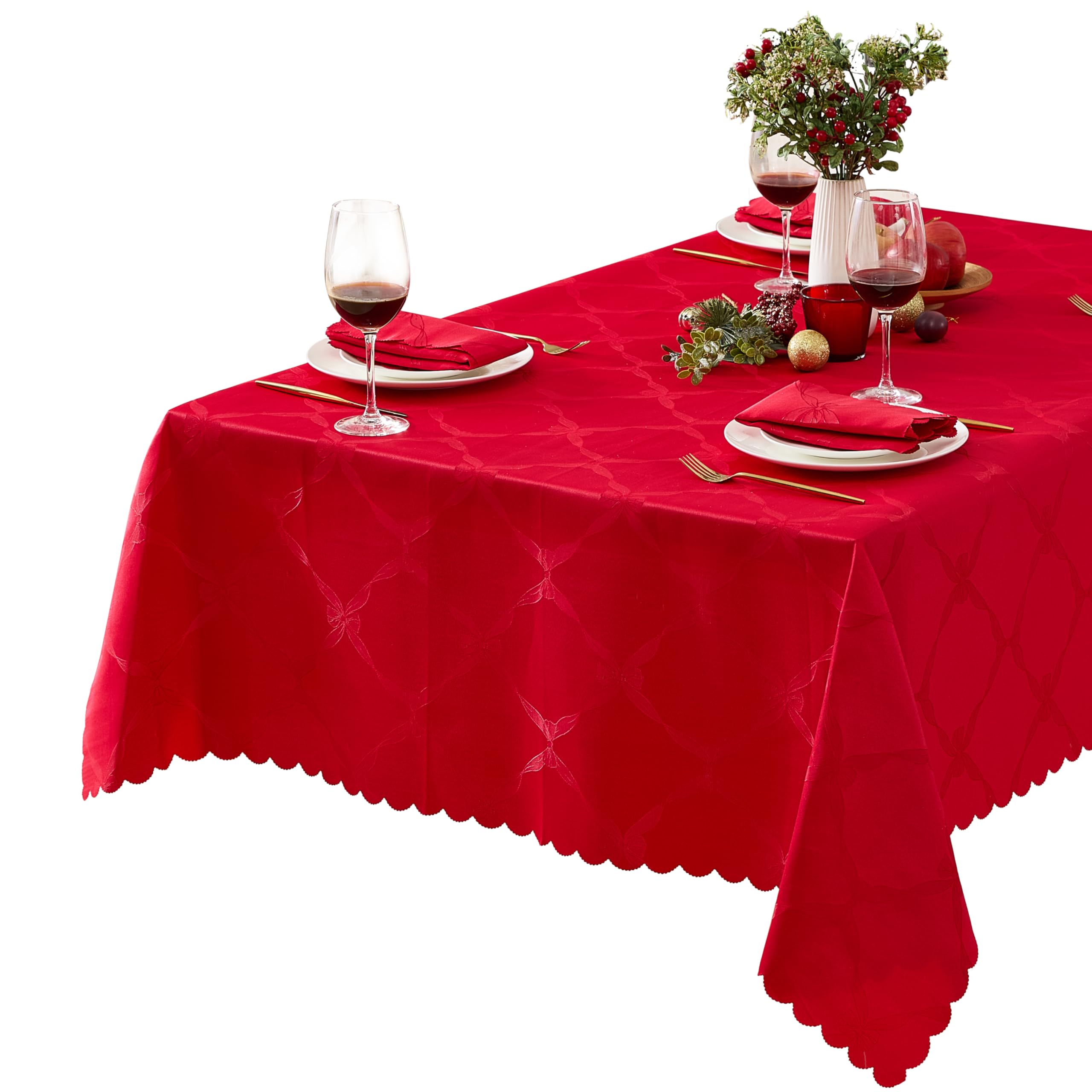 Newbridge Valentines Day Rectangle Tablecloth, 60 x 84 Inch, Ribbons and Bows Damask, Wrinkle and Stain Resistant Fabric Table Cloth, Holiday Red