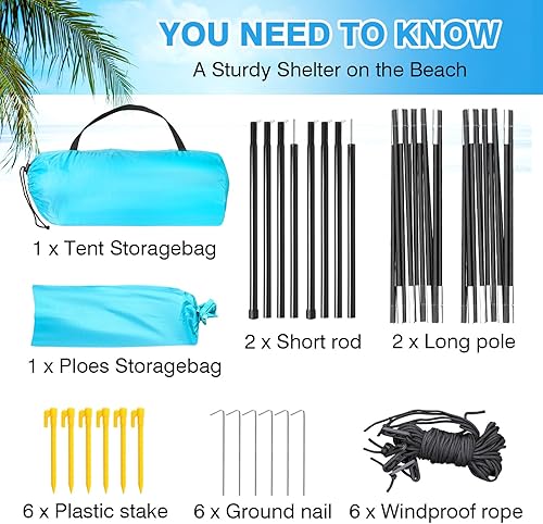 Miniatura 10 de DLUCKY Tienda de campaña de playa para 123456 personas, protección solar portátil anti-UV UPF 50+, suelo extensible en ambos lados, toldo