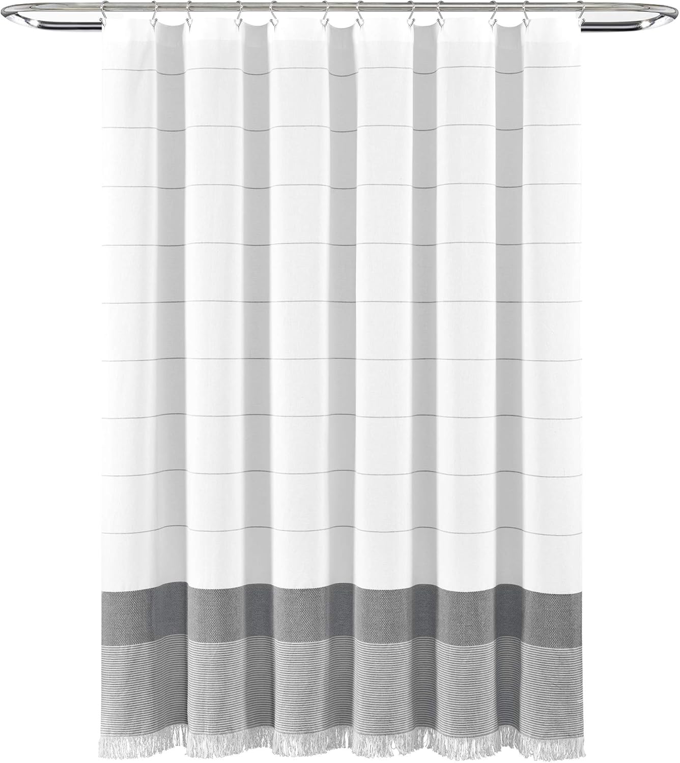 Lush Decor White Woven Cotton Shower Curtain with Gray Stripe and Tassel Fringe, Bathroom Accessories (72" x 72")