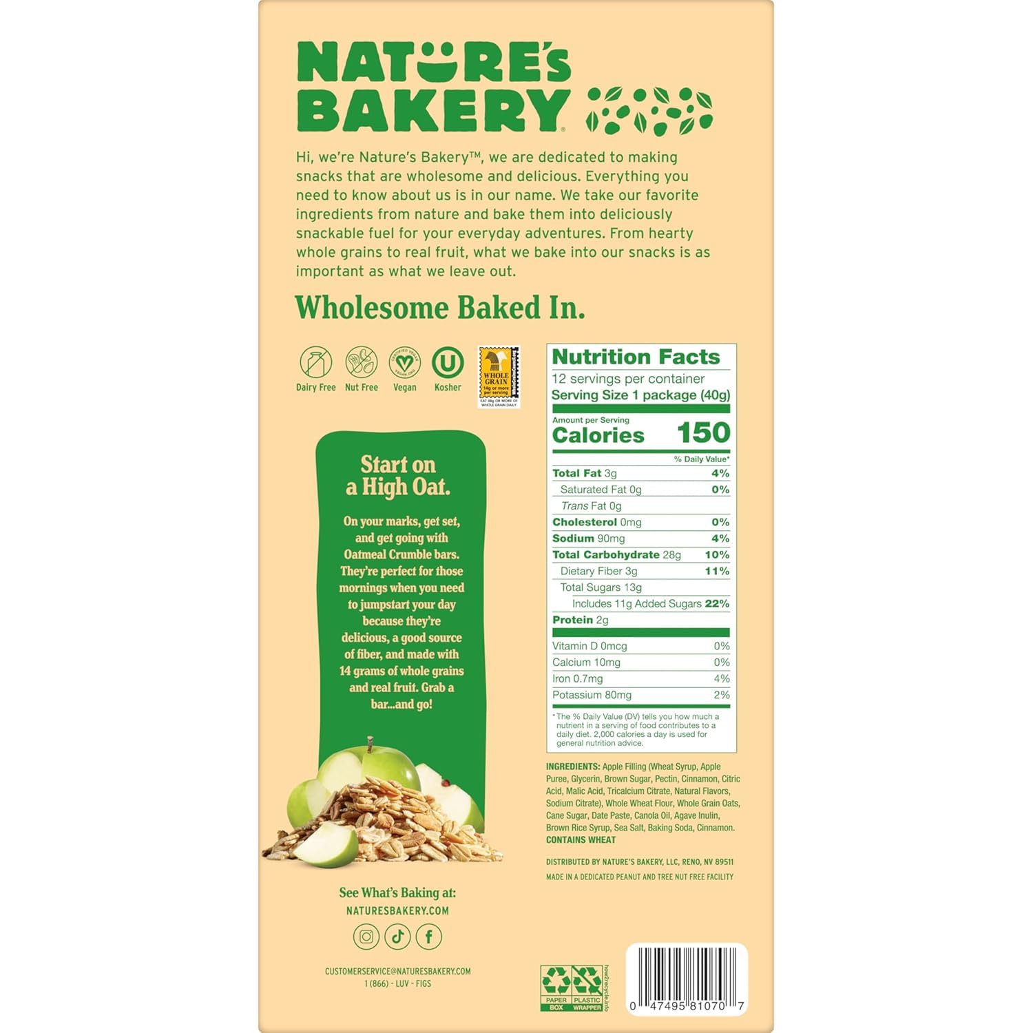Nature's-Bakery Oatmeal Crumble Breakfast Snack Bars, Apple, Whole Grains & Real Fruit, Non-GMO, Vegan, 10 Bars, 1.41 oz Each