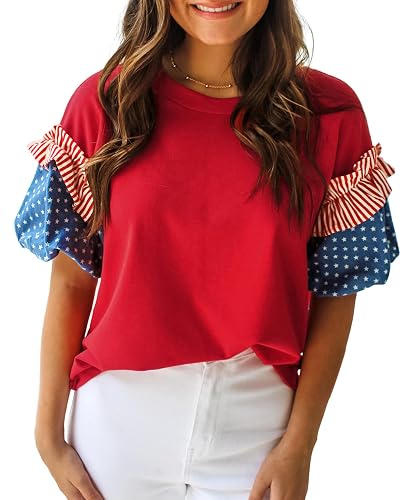 Women's Stars and Stripes Blouses Short Puff Sleeve Round Neck Colorblock Shirts Dressy Casual Tops