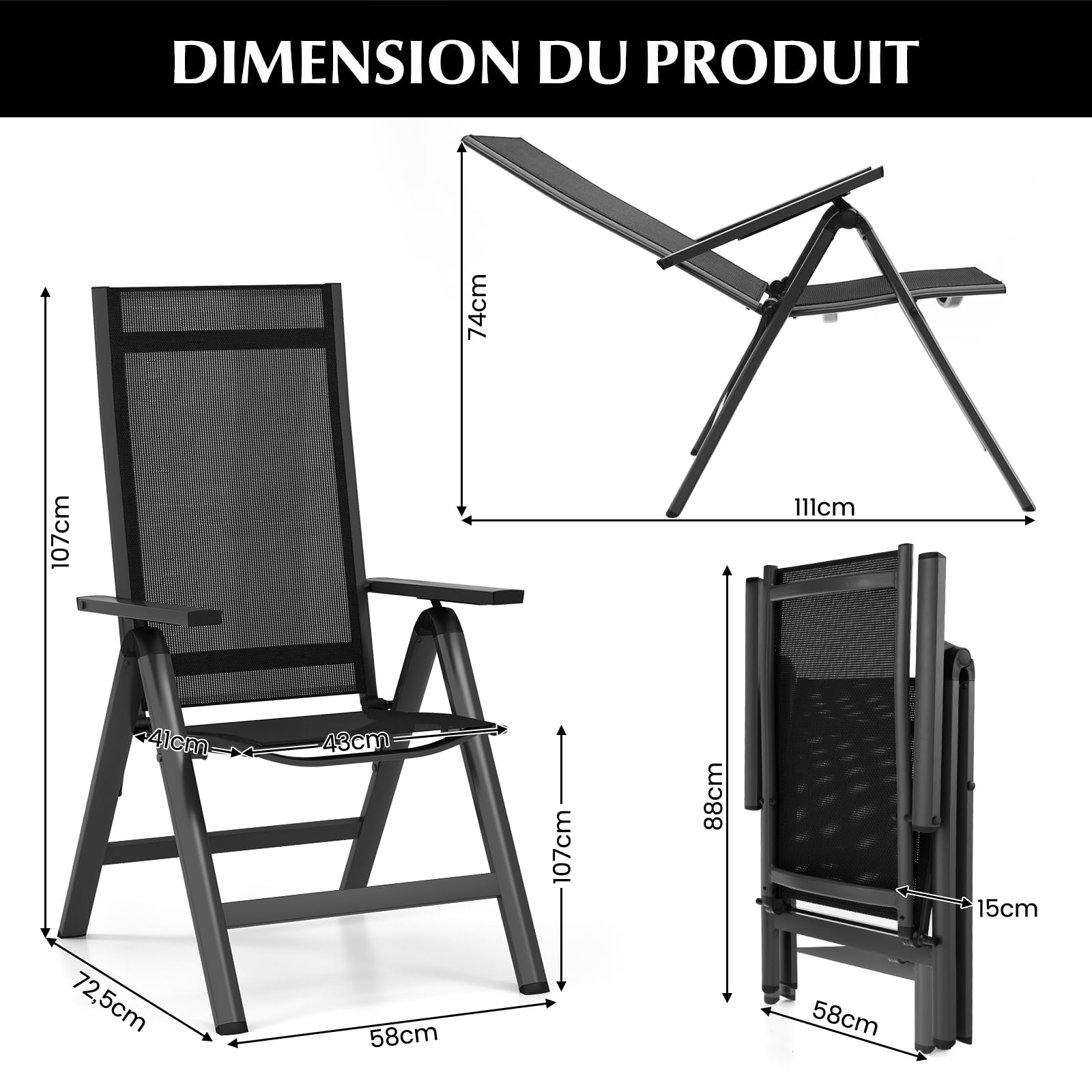 GOPLUS - 2 sillas de jardín al aire libre con respaldo ajustable en 7 posiciones, 73 x 58 x 107 cm, aluminio plegable y portátil, ideal para terraza
