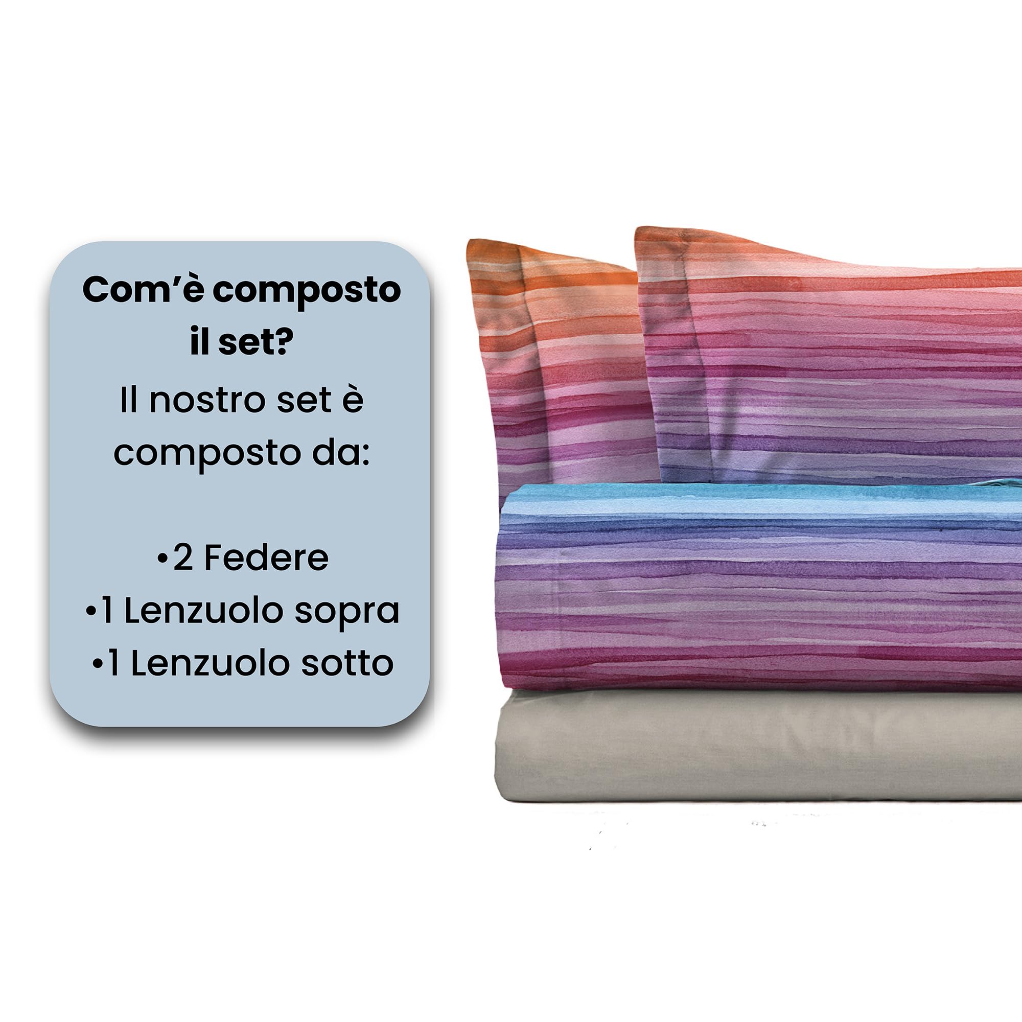 COMPLETO LETTO MATRIMONIALE NO STIRO FANTASY-Prodotto in Italia - Microfibra - Sopra 240x270 cm, Sotto 170x200 cm con Angoli Elasticizzati 25 cm, 2 Federe 50x80 cm - Rainbow