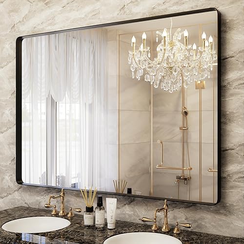 Yamazakura Espejo de baño con marco negro de 48 x 36 pulgadas, rectangular, moderno, espejo de tocador grande para dormitorio, sala de estar, baño
