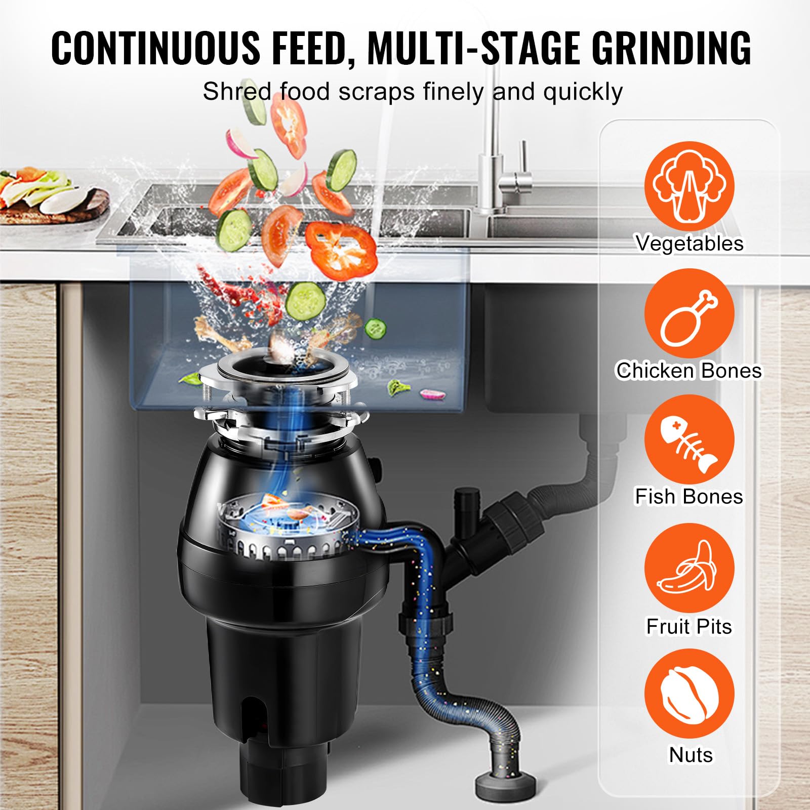 VEVOR Tritarifiuti per Lavello da Cucina, 0,37 kW, Sistema di Smaltimento Rifiuti Alimentari in Acciaio Inox, Montaggio 3 Bulloni, 3820 giri/min, con Cavo di Alimentazione, Paraspruzzi per la Casa