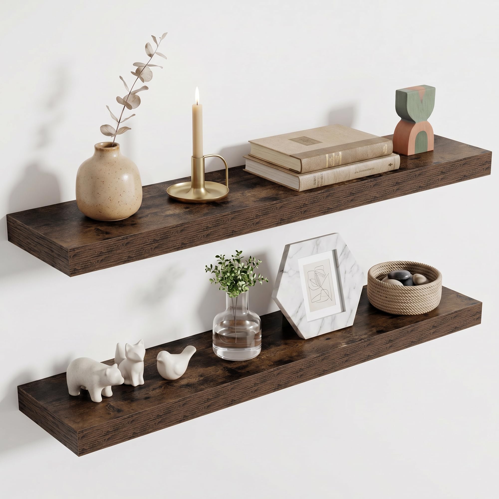 Acovy Floating Shelves for Wall, Extra Thick 80cm Long Wooden Wall Mounted Shelf, Wall Shelves for Living Room Bathroom Bedroom Kitchen, Vintage Brown, Set of 2