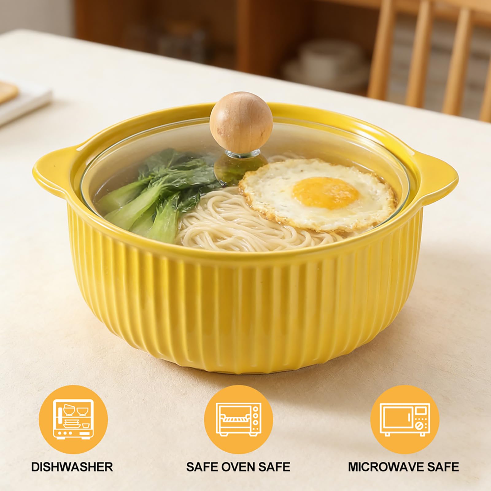 Plats à Four en Céramique 800 ml, Plats de Ronds Cuisson avec Poignées, Bol Ramen avec Couvercle, pour Viande, Légumes, Plat Four pour Friteuse à Air Chaud, Four, Micro-ondes, Jaune