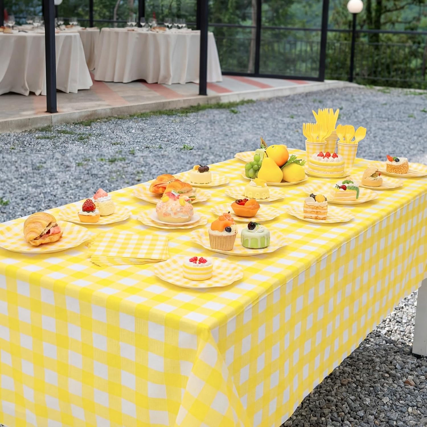 Havawish 340 Pcs Gingham Scalloped Plates and Napkins Checkered Camping Supplies Disposable Colorful Plaid Plates Napkins Cups Cutlery Tablecloth for Birthday Dinner Picnic BBQ Party Decor, Serves 48