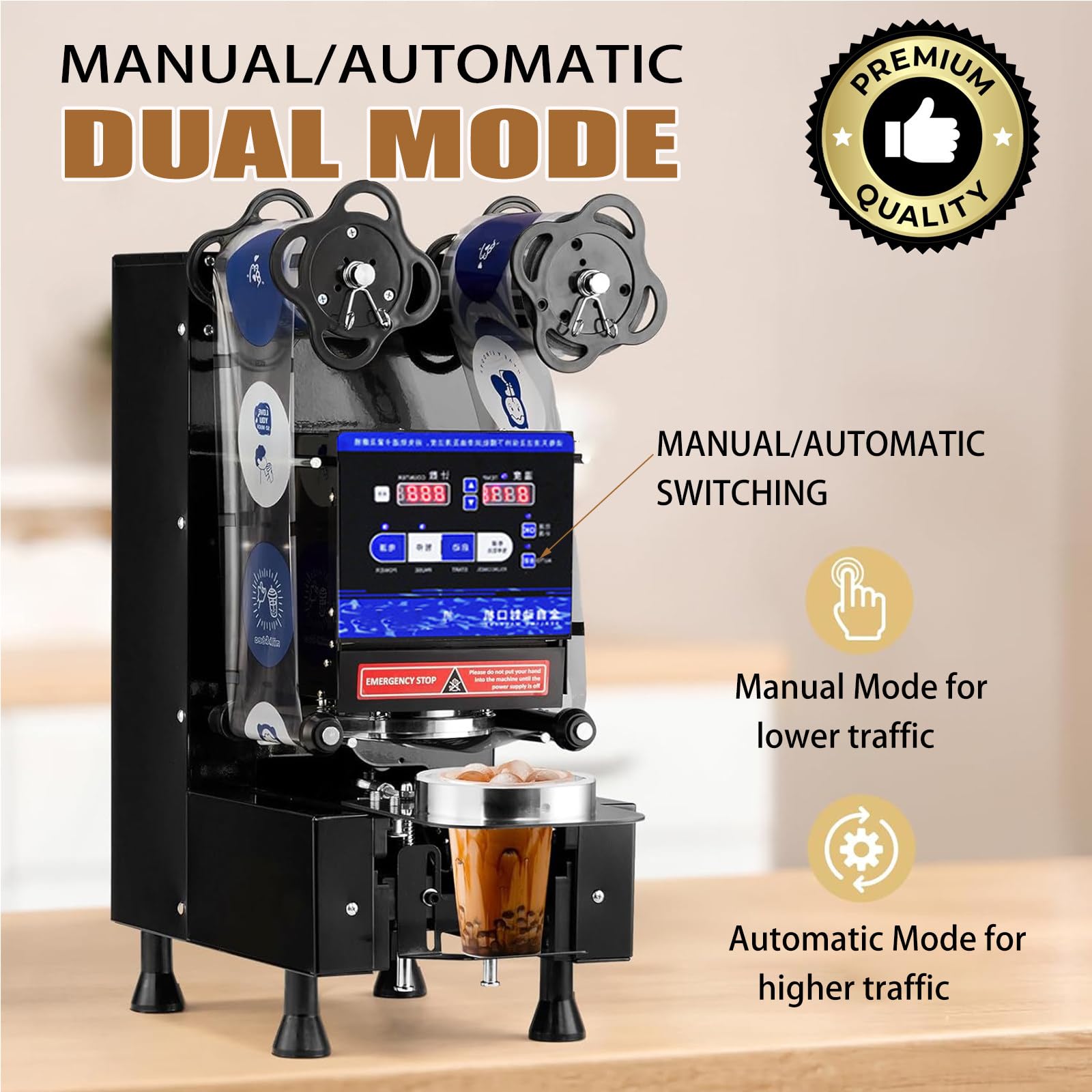 Sigillatrice bubble tea e soia 700-800/h 5s Doppia sigillatura antigoccia, temp intelligente, occhio elettronico, lama autopulente – per caffè, colazioni – 90/95 mm PP/PE/carta/plastica Black