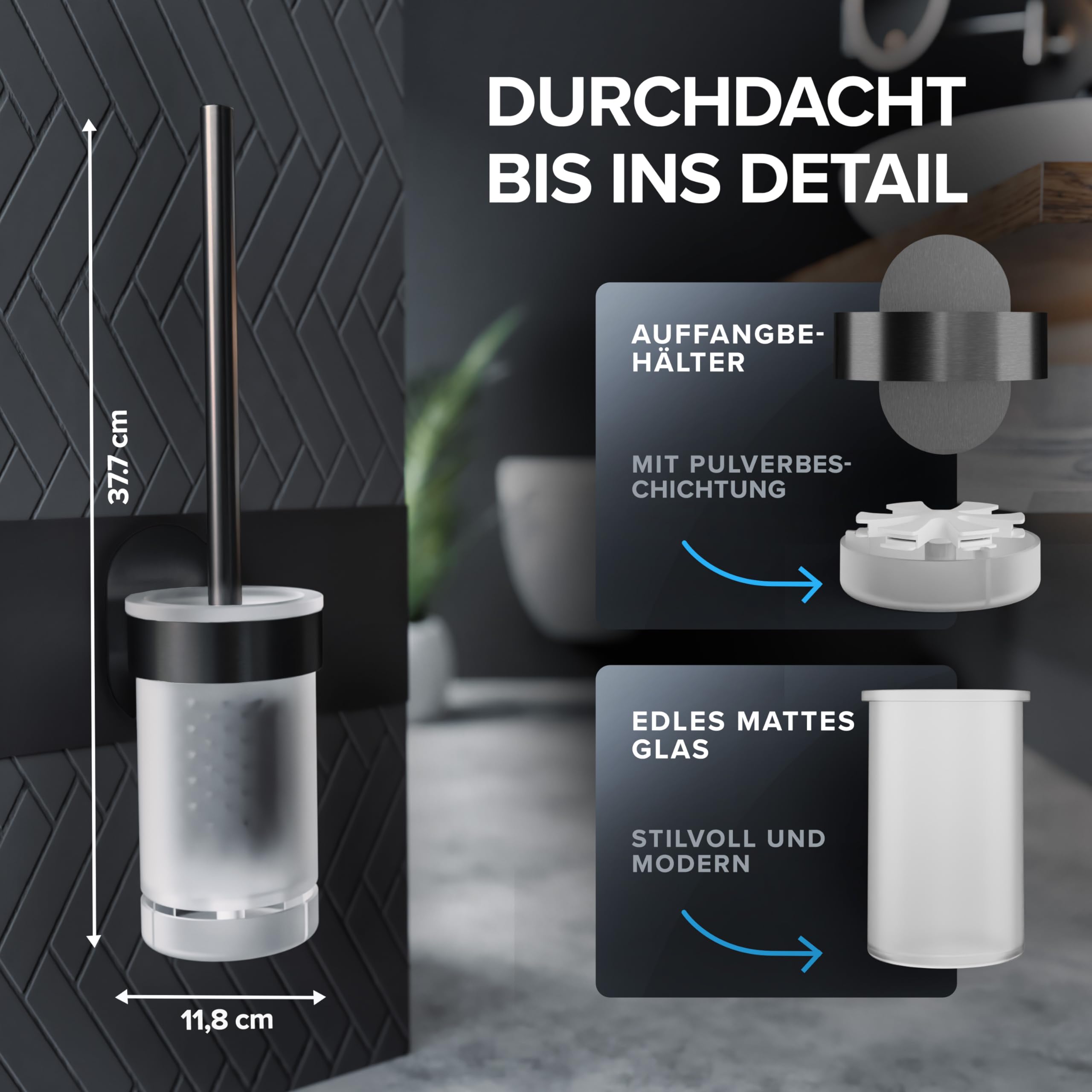 ovimar Glittertind szczotka toaletowa Gunmetal | uchwyt ścienny bez wiercenia | silikonowa szczotka do WC z funkcją wentylacji | do klejenia | ze stali nierdzewnej | wymienna głowica szczotki do WC
