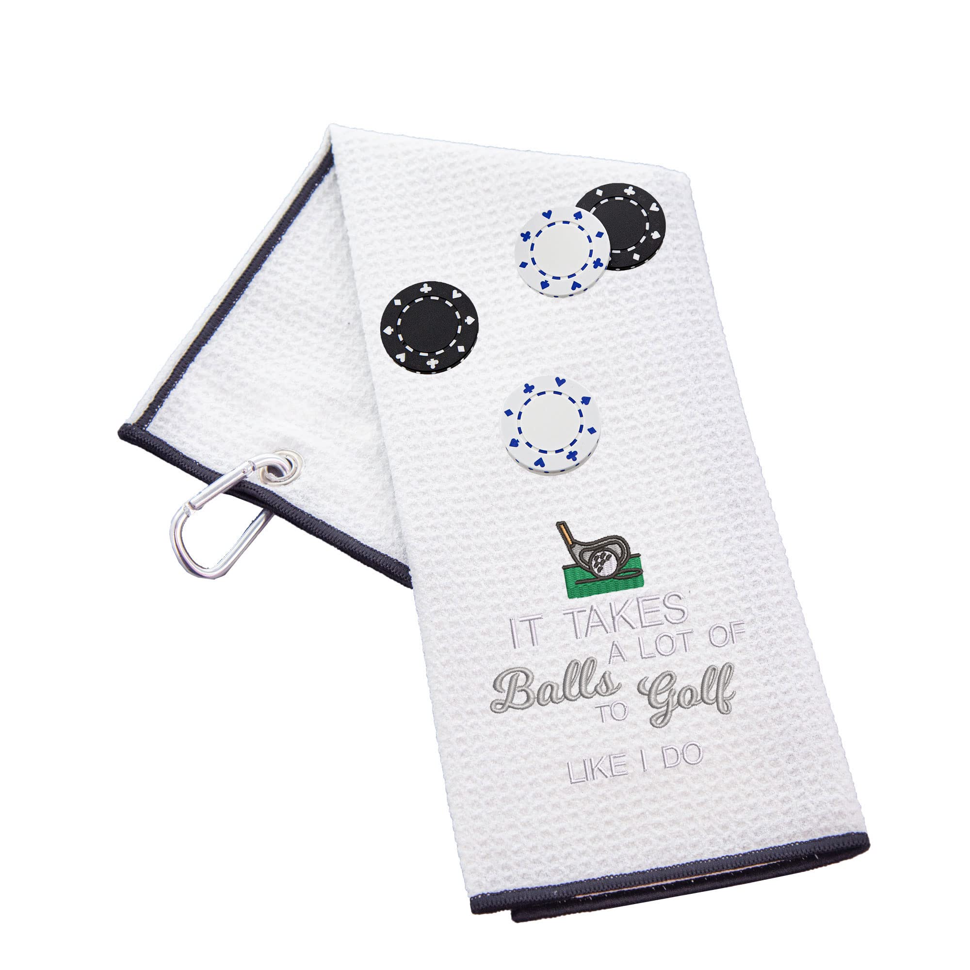 Funny Trifold Golf Towel and Poker Chip Marker Set Gift for Men, Carabiner Clip for Golf Bags, A Lot of Balls, Waffle White