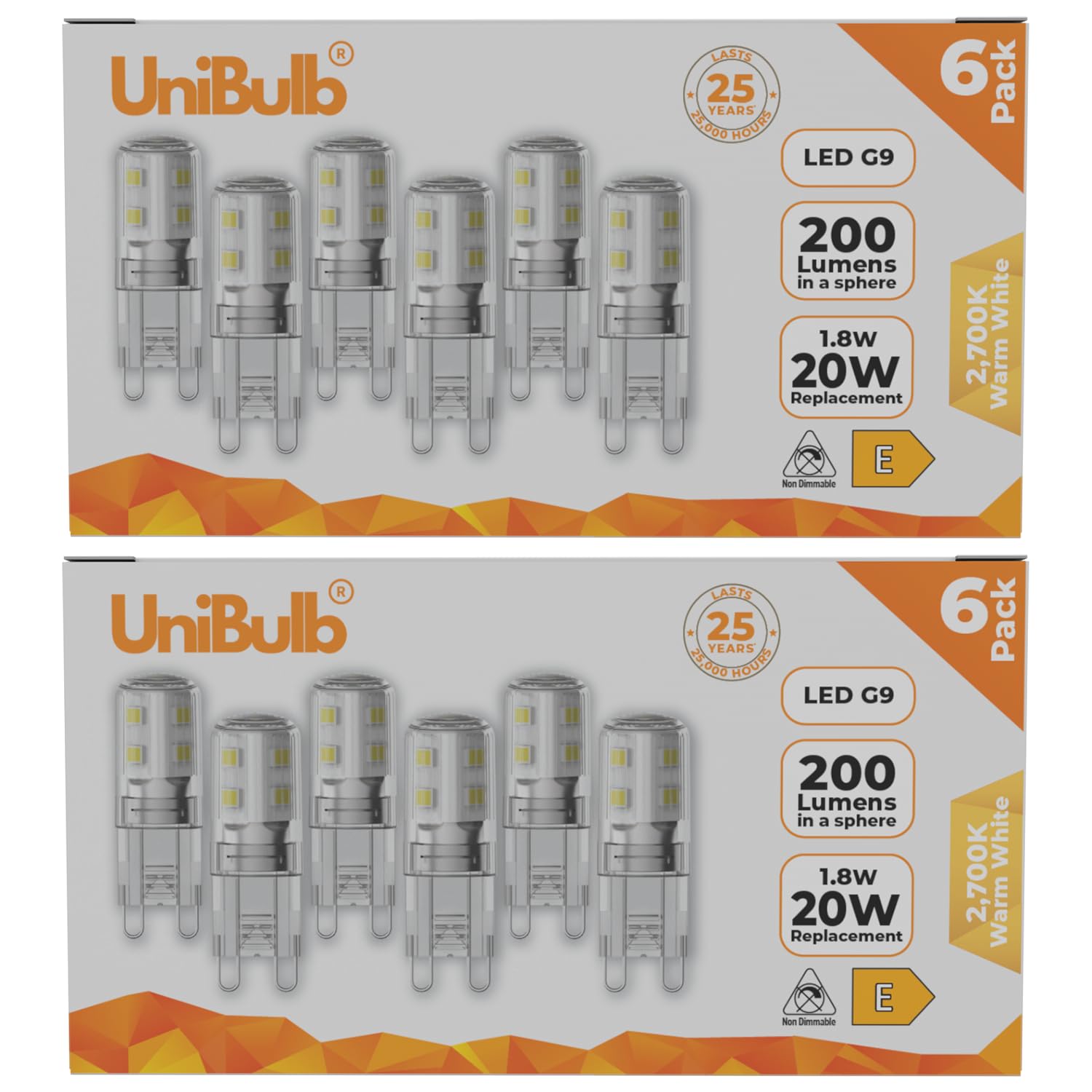 Unibulb G9 LED Light Bulbs, 200 Lumens, 1.8W (20W Halogen Equivalent), Warm White (2700k), 220-240V, Bi-Pin Base Energy Saving, T3, 25,000hr lifespan (12) โ image 1