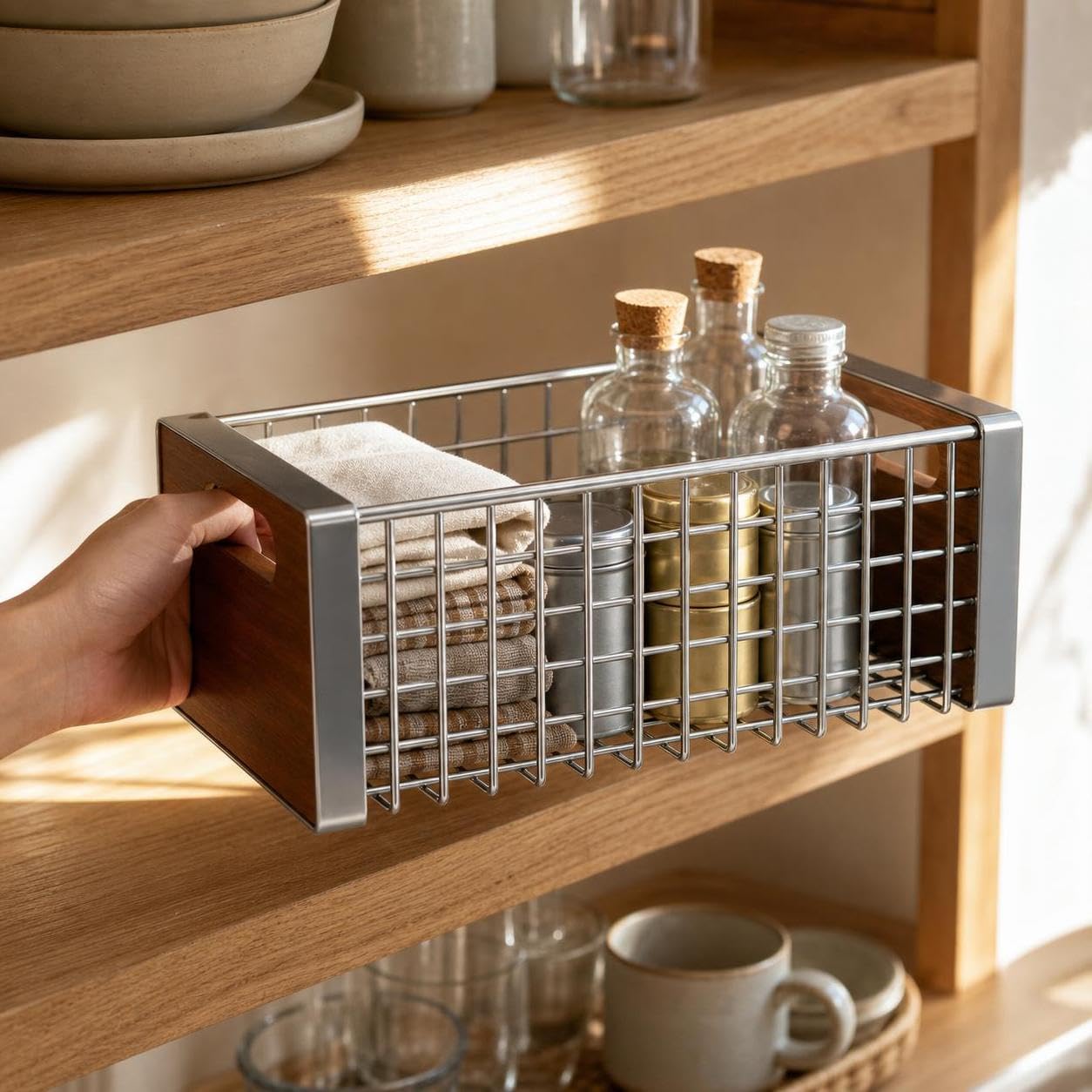 Cesta organizadora metal retro con para el hogar, para la cocina - para el baño, Estante de almacenamiento de aperitivos pequeño galvanizado - 1 nivel - tablero de madera