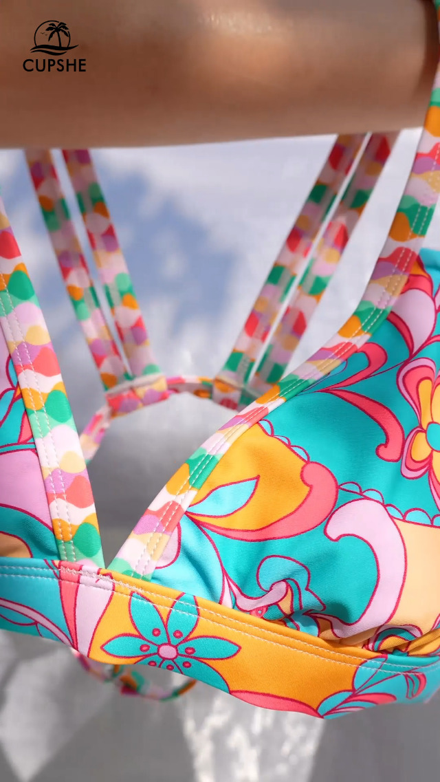 CUPSHE Women's Strappy Bikini Set - V Neck Cutout Two Piece Swimsuit With Adjustable Double Straps