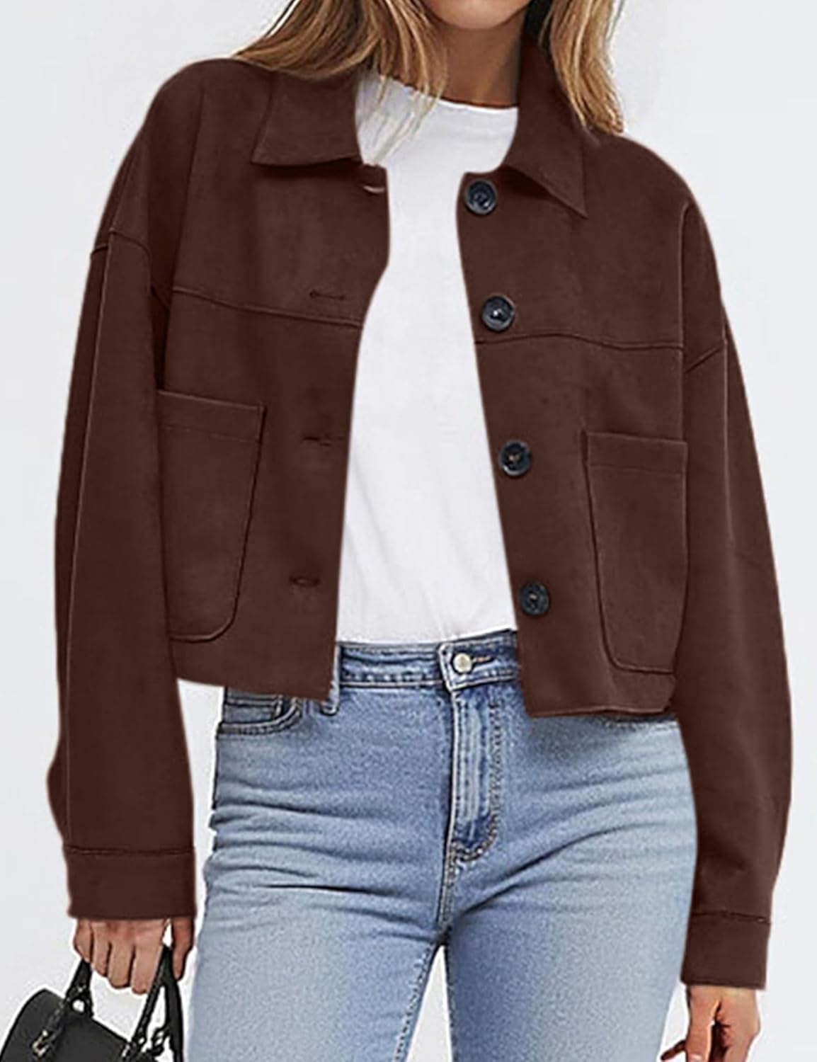 Womens Casual Faux Suede Cropped Jacket Button Down Coat Outwear with Pockets - Image 7