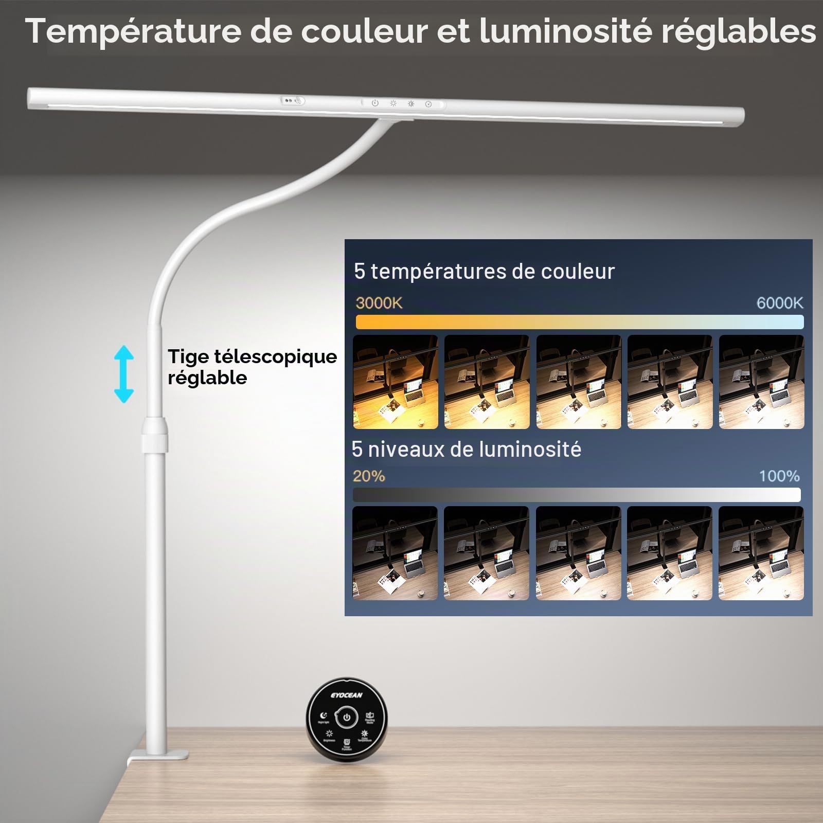 EYOCEAN Lampe de Bureau LED, 24W 80cm Lampe de Table avec Contrôle par Gestes & Télécommande, Perche télescopique à hauteur réglable, pour Employés de Bureau, Étudiants, Designers, Monteurs Vidéo