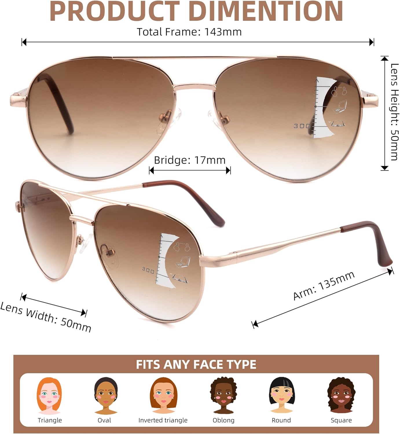 Progressive Sunglasses With Gradient Colour Lens,Classic Men's Command Aviator Metal Reading Glasses - Image 3