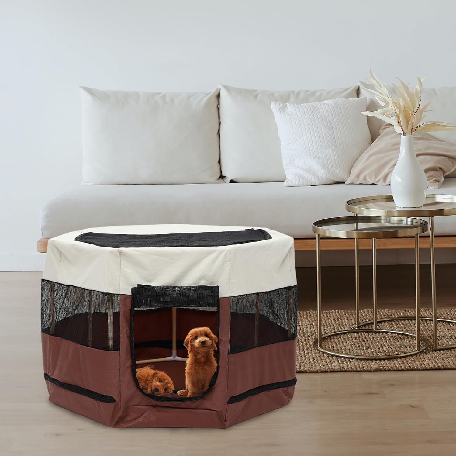 Wakauto Octagonal Pet Playpen with Wooden Frame and Oxford Fabric, 74x74x43cm, Bite-Resistant Dog and Cat Fence for Indoor Use, Puppy Playhouse and Anti-Escape Pet Enclosure
