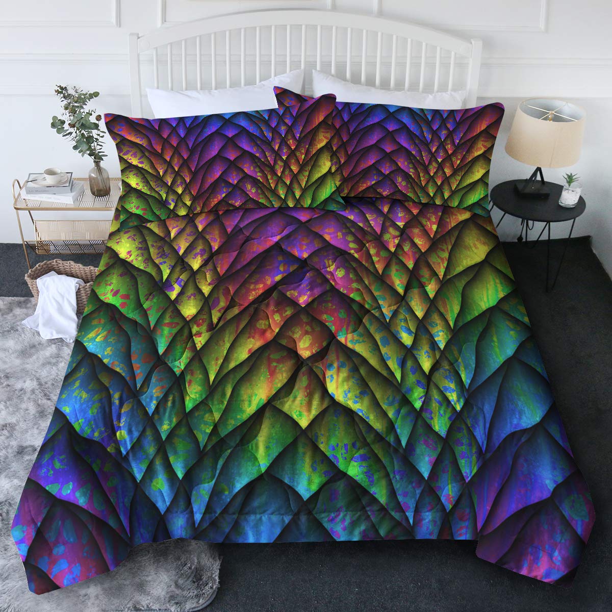 BlessLiving3 Piece Dragon Scales Comforter Set Twin Boy Bed Set Cosmic Quilted Reversible Bedding 3D Rainbow Dragon Comforter Twin/Twin XL Size with 2 Pillow Shams (Purple Blue Green)