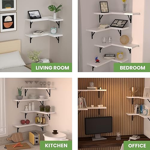 Vista 6 de NATURE'S SOURCE Corner Floating Shelves Set of 4, Corner Shelves Wall Mounted, for Bedroom Kitchen Living Room Bathroom Office- Modern