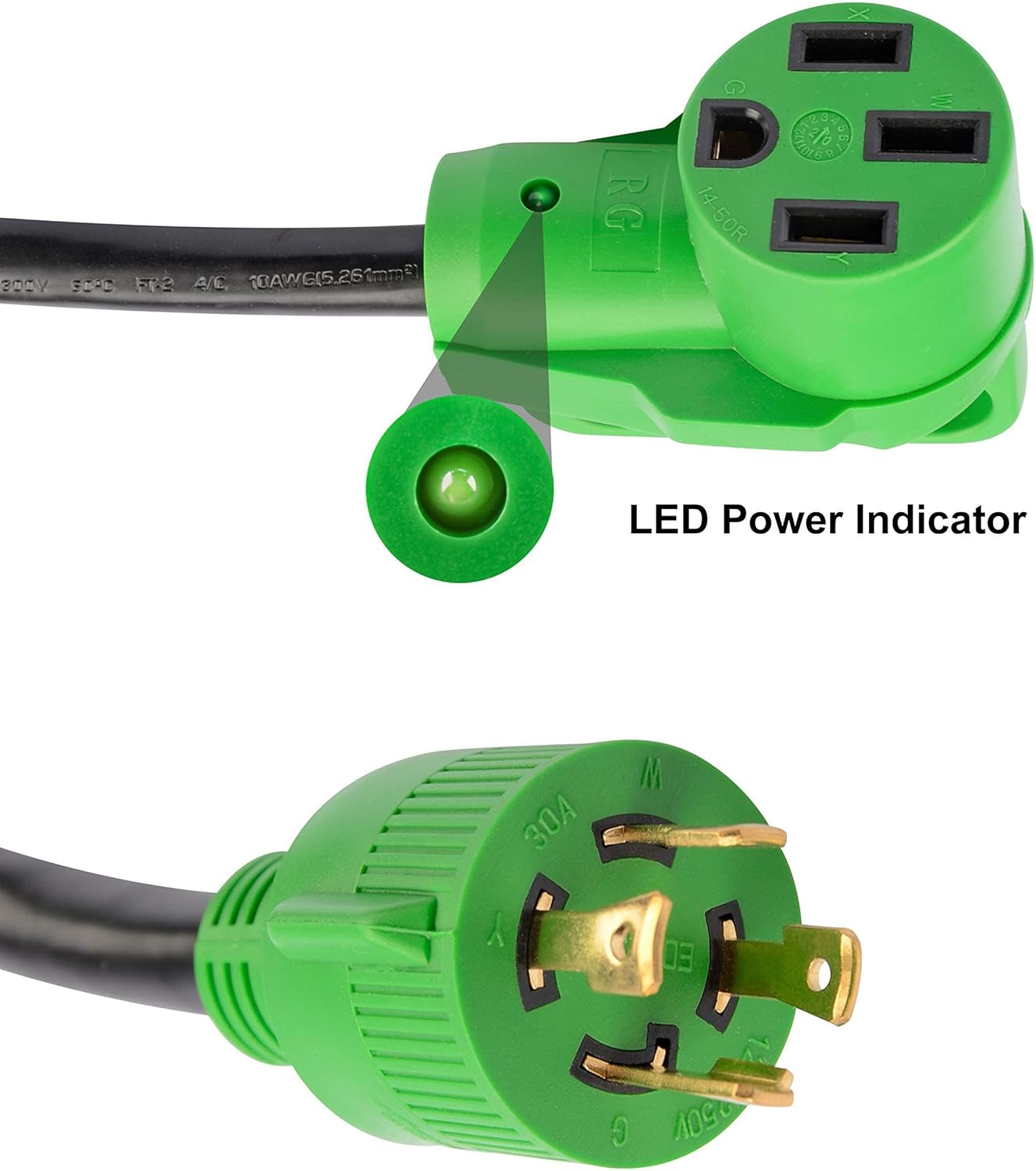 RVGUARD Bundle RV 50 Amp 25 Feet Power Extension Cord with L14-30P to 14-50R Generator Adapter Cord, LED Power Indicator, Green