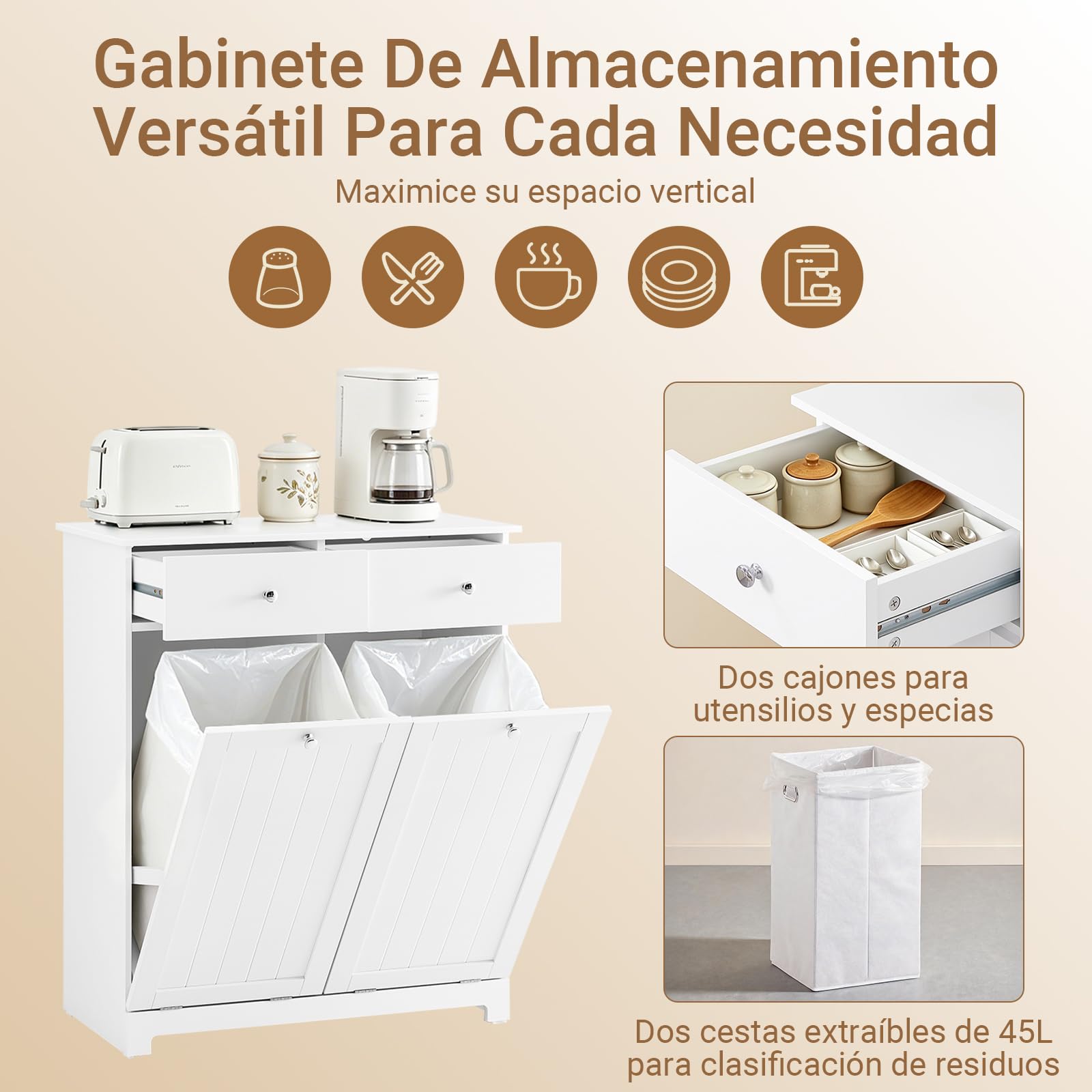 SoBuy Mueble Basura Cocina con Cubo de Basura Integrado, Organizador de Reciclaje con 2 Cajones y 2 Bolsas de 45L Mueble Auxiliar Cocina con Cierre Silencioso, Blanco 78x38x90 cm BZR33-II-W | Mueble de cocina MDF E1 para clasificación de residuos con 2 ca