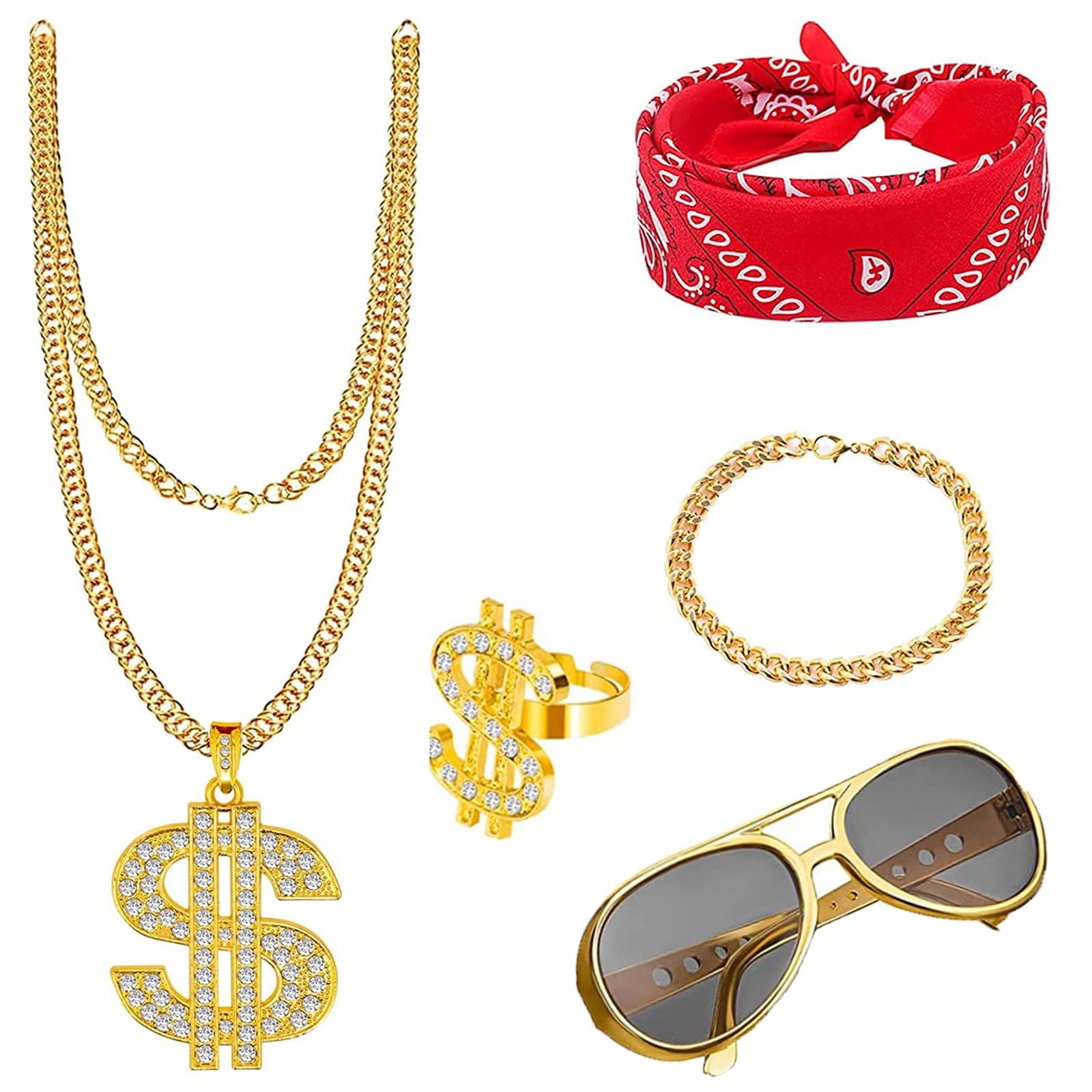 Gold Chain 80s/90s Costume - 5 Pcs Hip Hop Accessories: Dollar Sign Necklace, Ring, Gold Chain/Bracelet - Hippie Rapper Disco Outfit for Rock Star Fancy Dress
