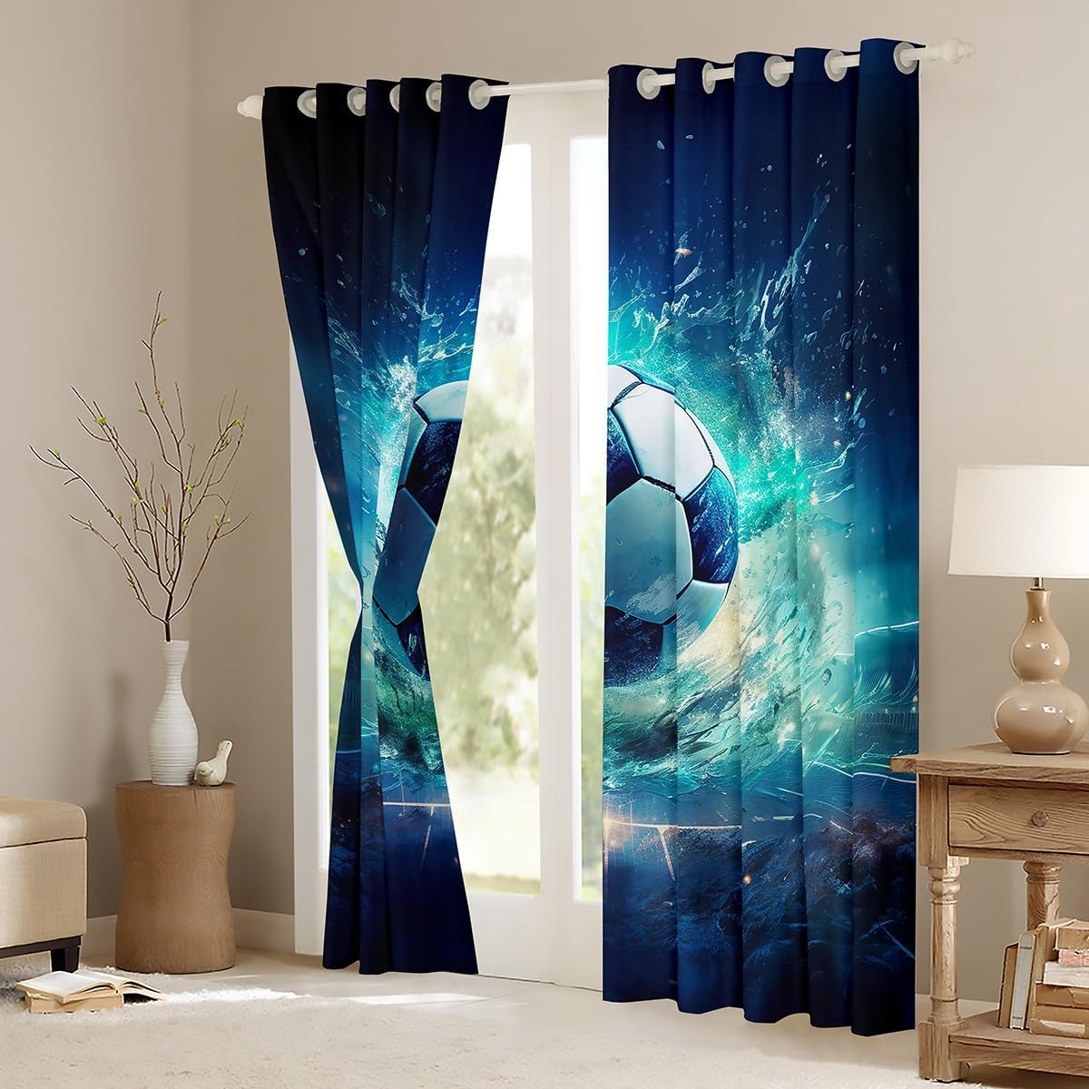 Feelyou Kids Soccer Window Drapes Sports Gaming Theme Window Curtains for Living Room for Teens Boys Girls Football Soccer Curtains Soft Blackout Curtains, 42W X 84L,2 Panels