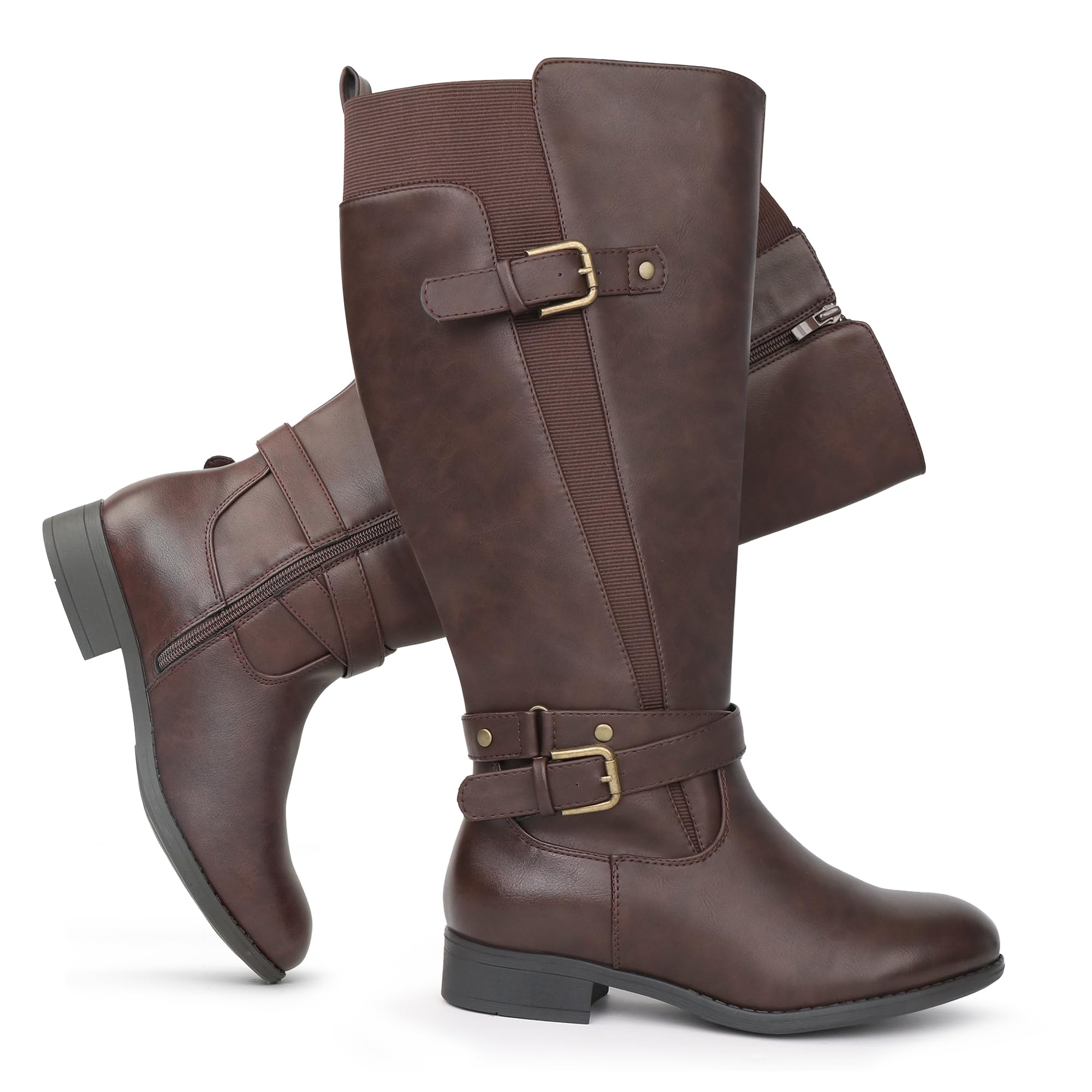 Botas de equitación para mujer, de caña ancha, tacón bajo, con correa al tobillo, diseño delgado