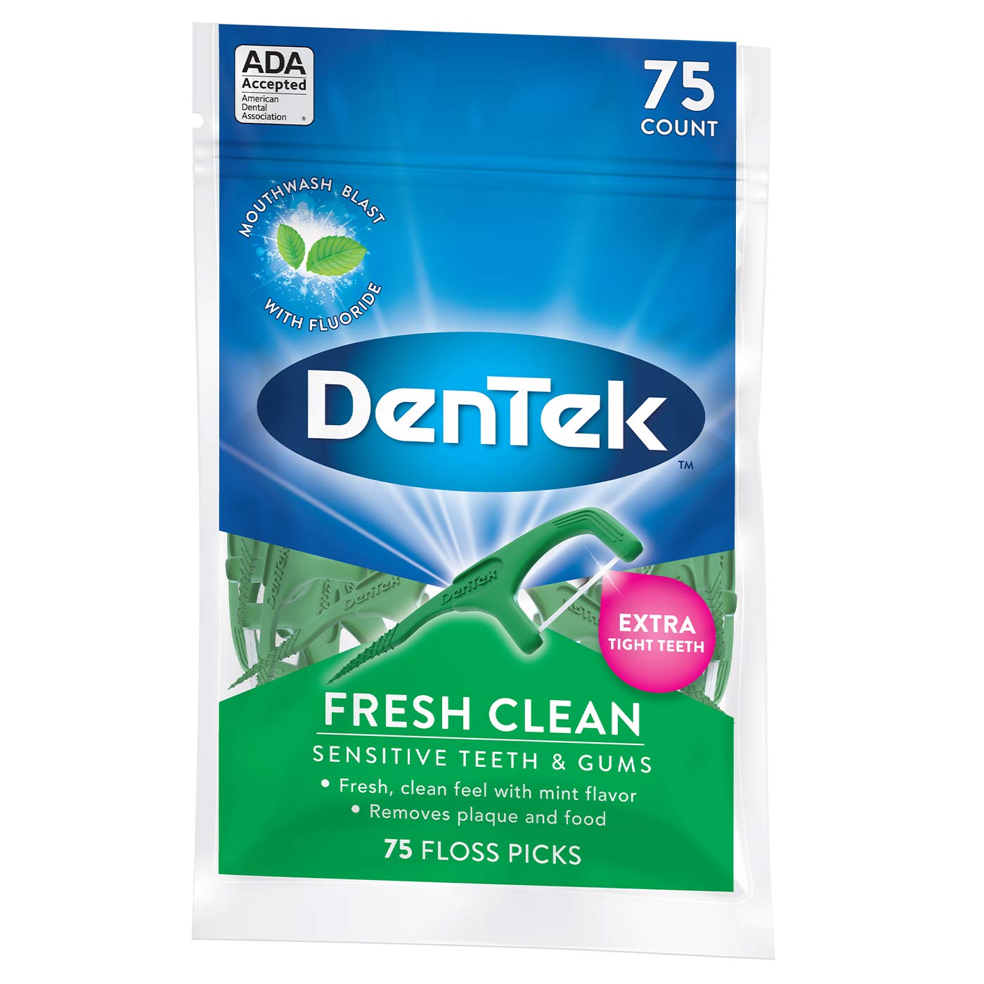 DenTek Fresh Clean Floss Picks, For Extra Tight Teeth, 75 Count, (Pack of 1)