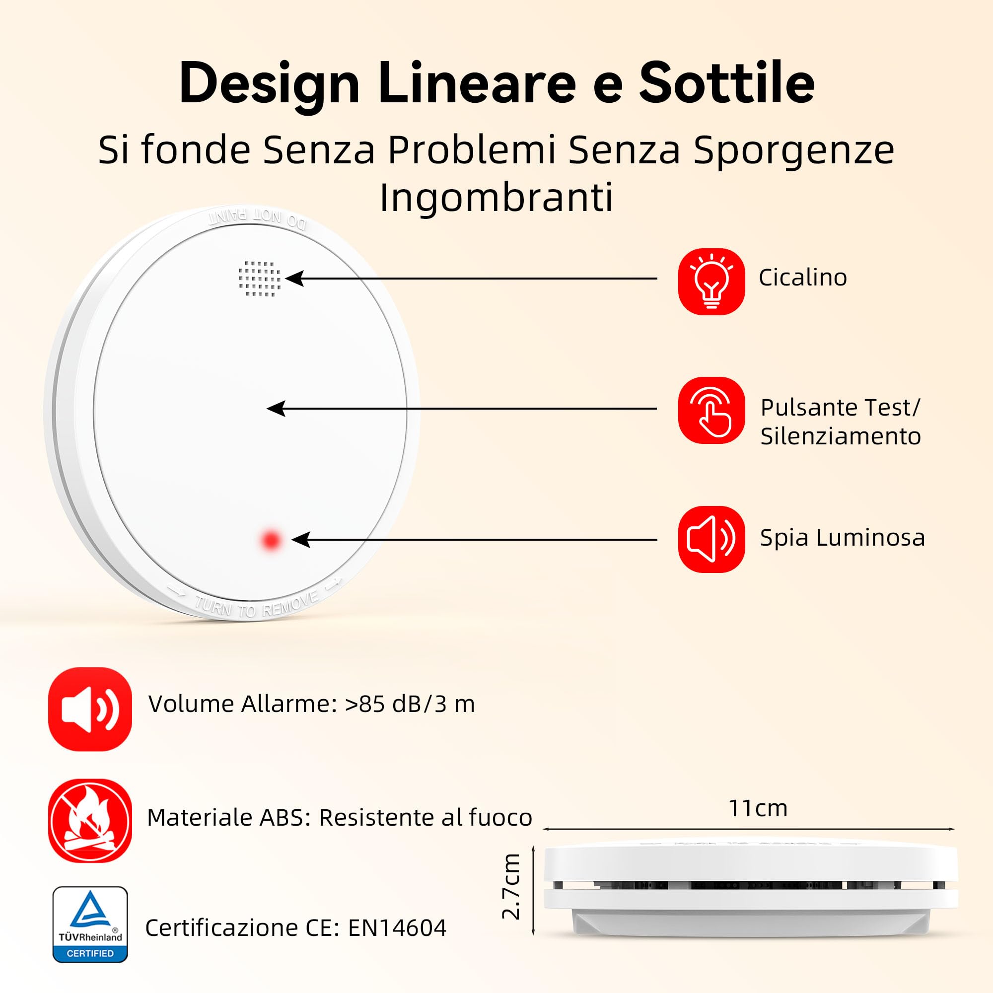Rilevatore di Fumo con Batteria da 10 Anni, Allarme Incendio Conforme Allo Standard EN14604, 6 Pezzi