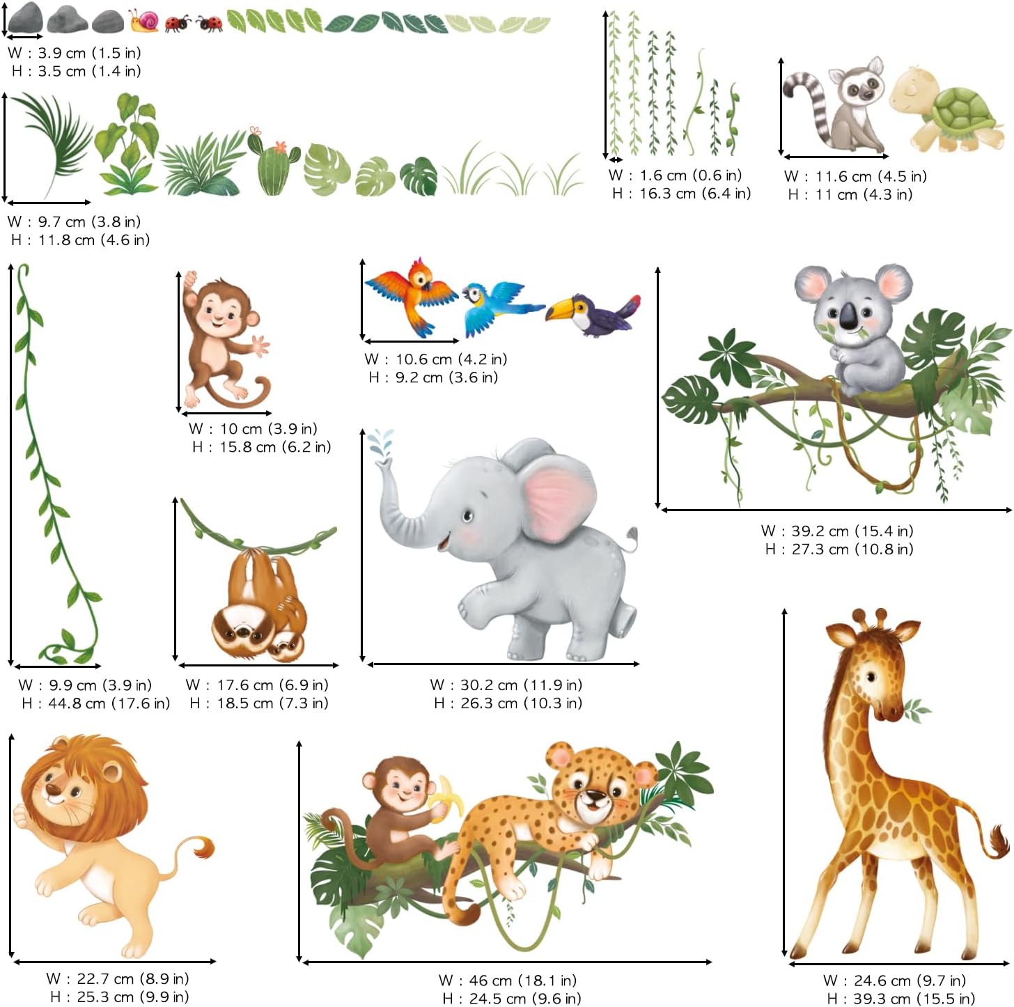 DECOWALL SG2-2501 Jungle Animal Branch Wall Decals Stickers Nursery Décor Baby Safari Wallpaper Tree Kids Living Room Boys Bedroom Removable Peel and Stick Home