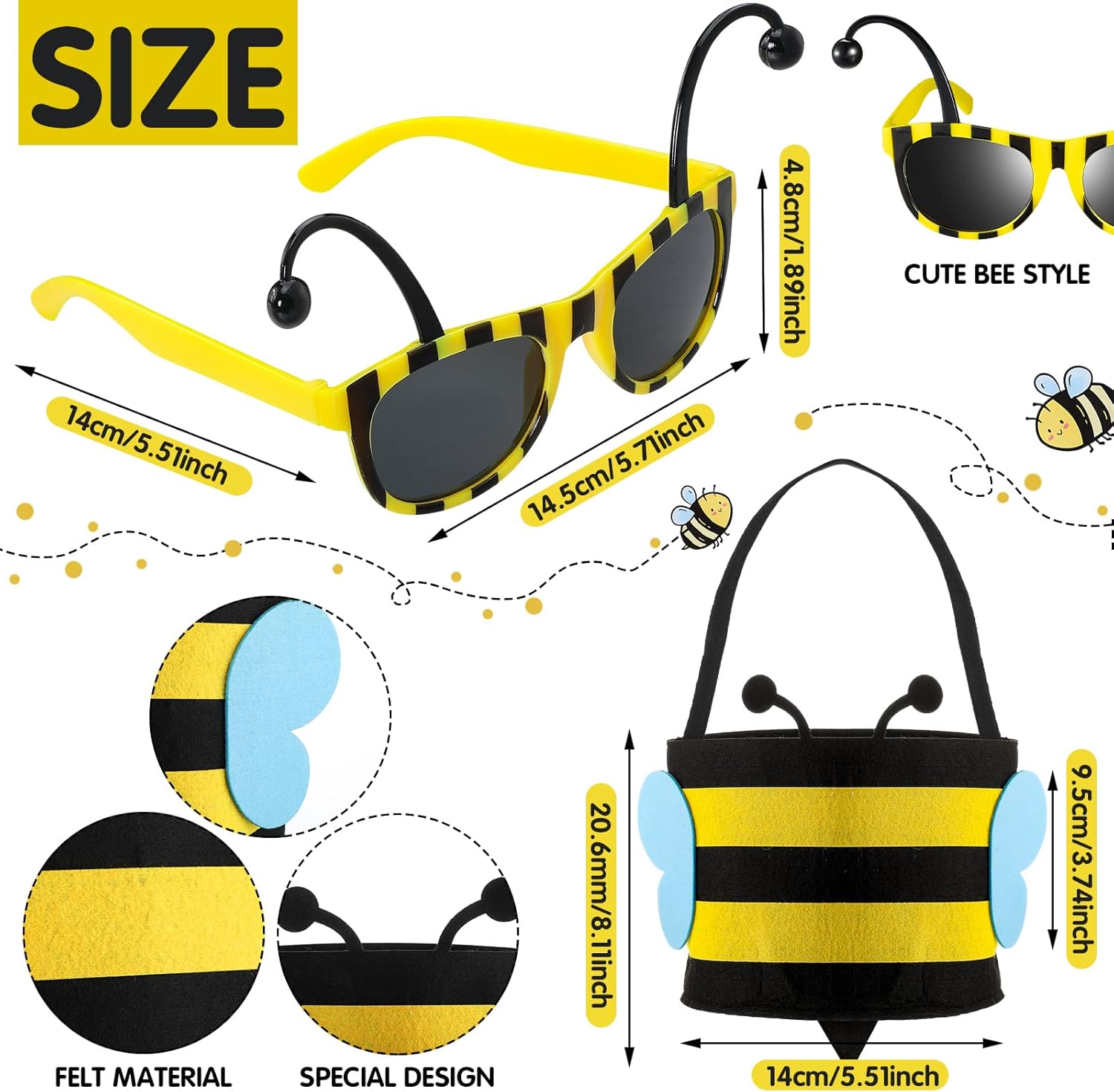 Haull 7 Pcs Adult Bee Costume Kit Men Bumble Outfit Bee Glasses Headband Basket Accessories Funny Halloween Cosplay Party