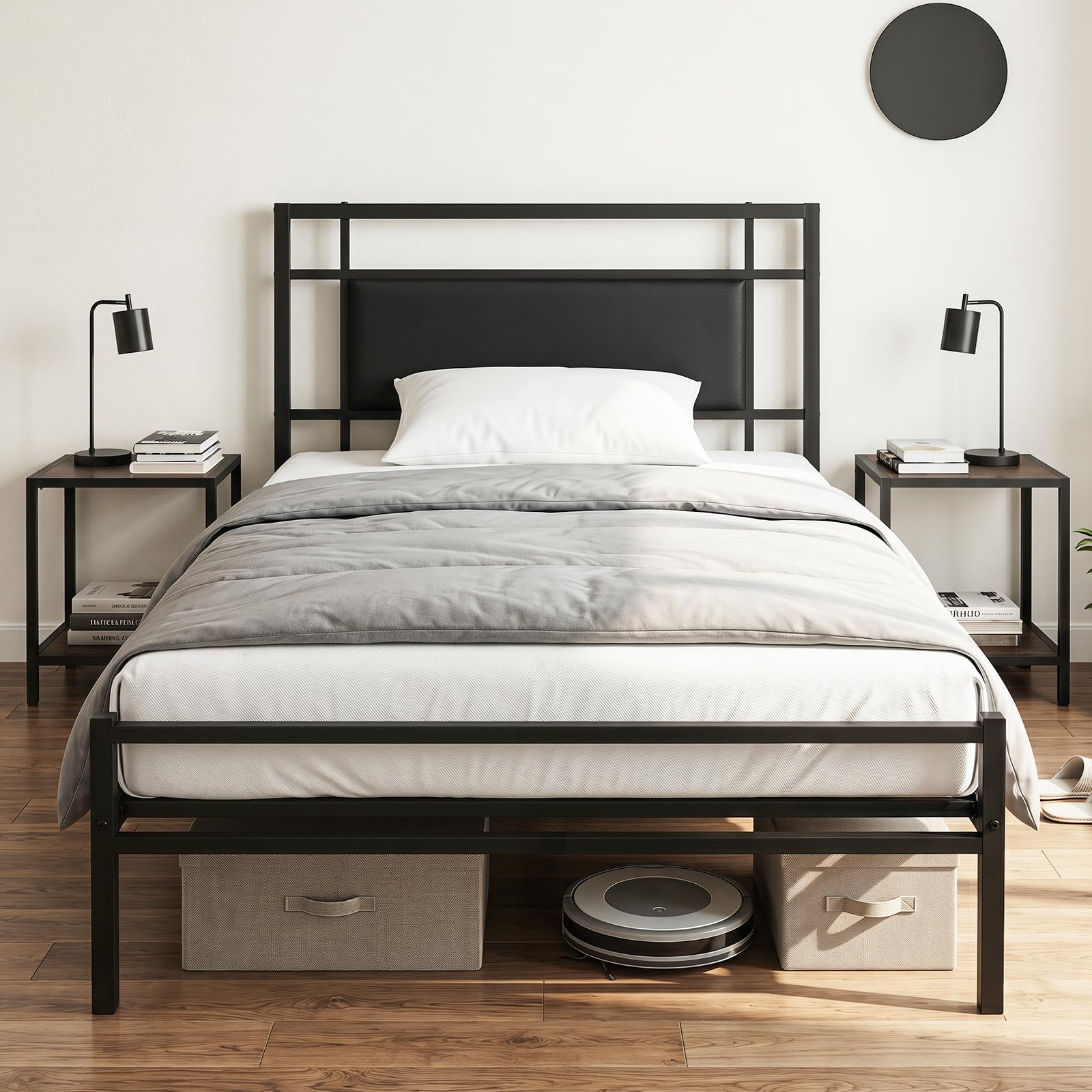 COSTWAY 3ft Single Bed Frame, Metal Platform Bed Base with Upholstered Headboard and Underbed Storage, Heavy-Duty Metal Slats Support Mattress Foundation, No Box Spring Needed, Easy Assembly, Black
