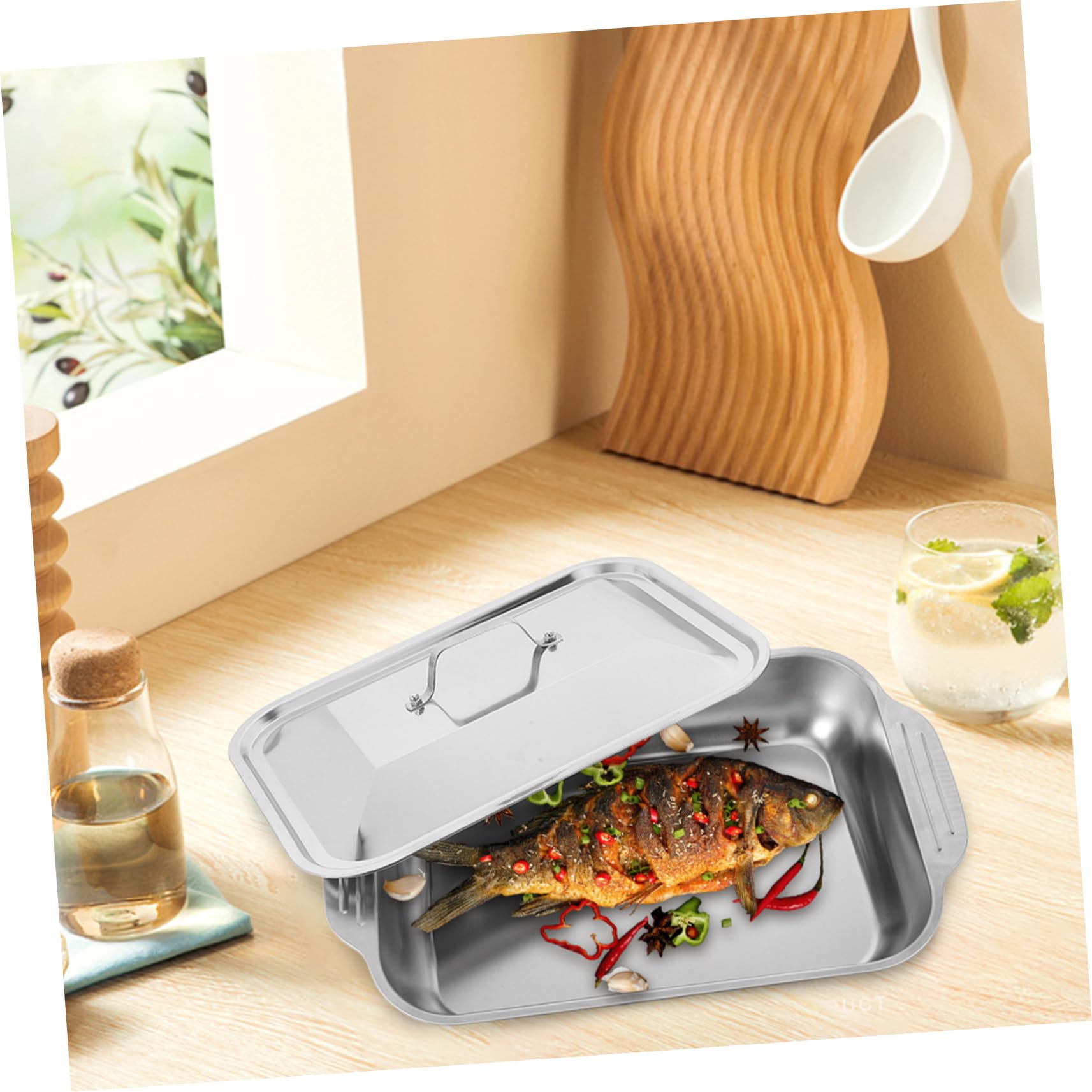 Alipis Edelstahl Fischpfanne mit Deckel Rechteckige Tiefe Bratform Widerstandsfähig und Robust zum Grillen und Backen im Haushalt