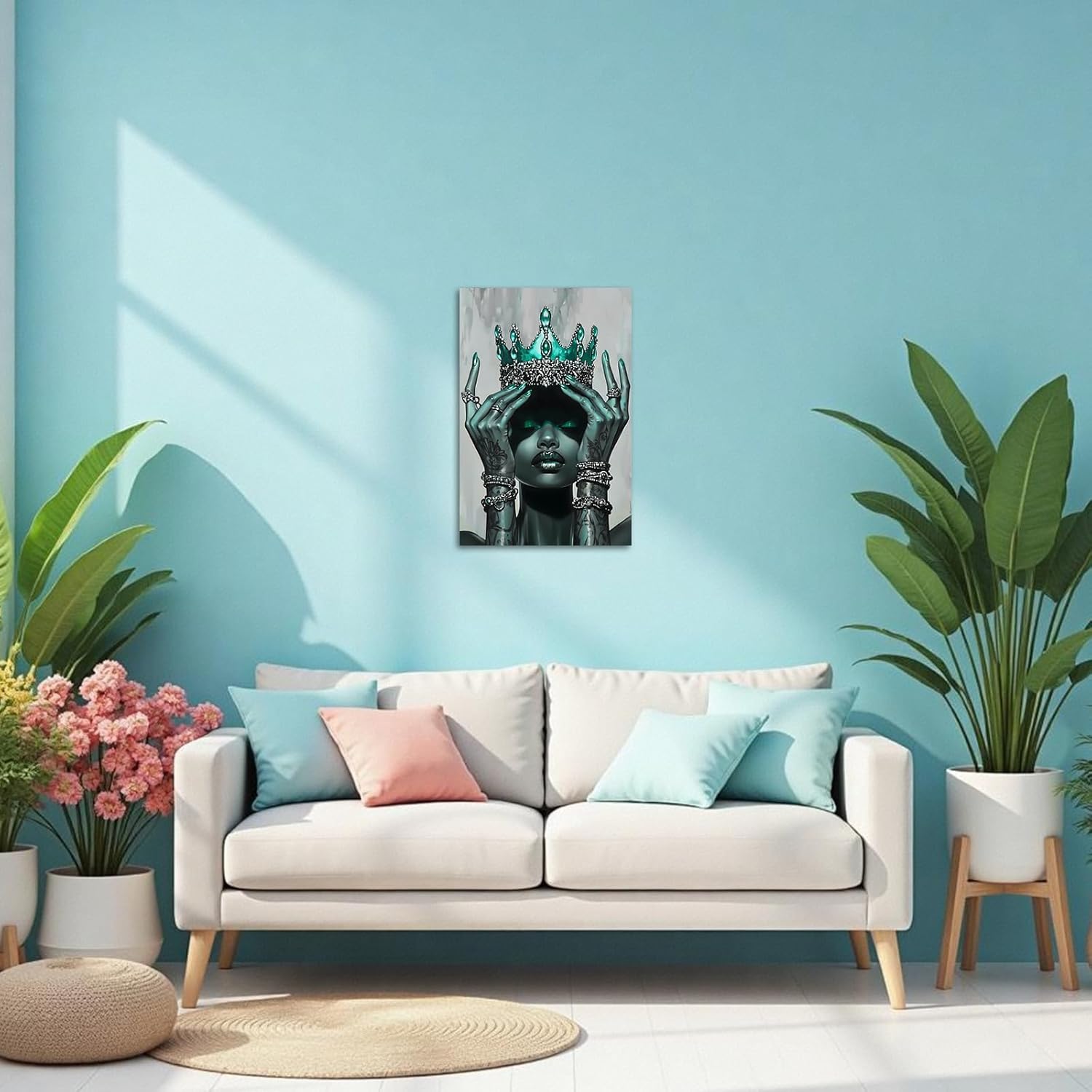 CHAOSETKEN Black Queen Wall Art African American Pictures Decor Black Woman Canvas Prints Afro Queen with Crown Paintings for Girls Room Framed (Teal,18L x 12W)