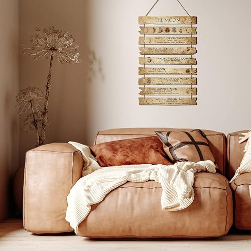 Miniatura 5 de Qunclay Letrero de conocimiento de bruja, decoración de pared de madera, arte de pared de bruja, fase lunar, para colgar en la pared, placa de