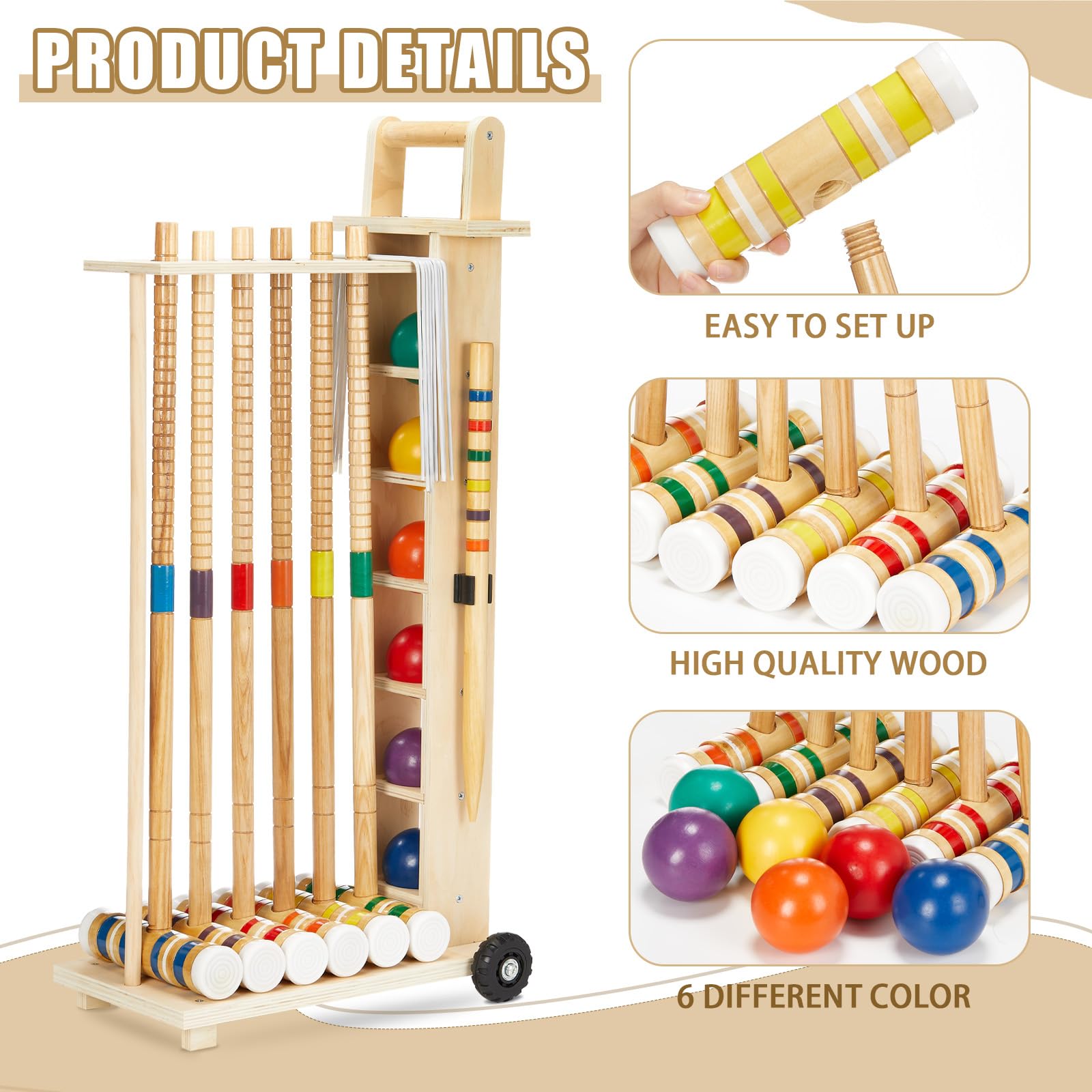 Hiboom Krocket-Set für 6 Spieler, 71,1 cm, für Erwachsene, mit Holzständer, Holz