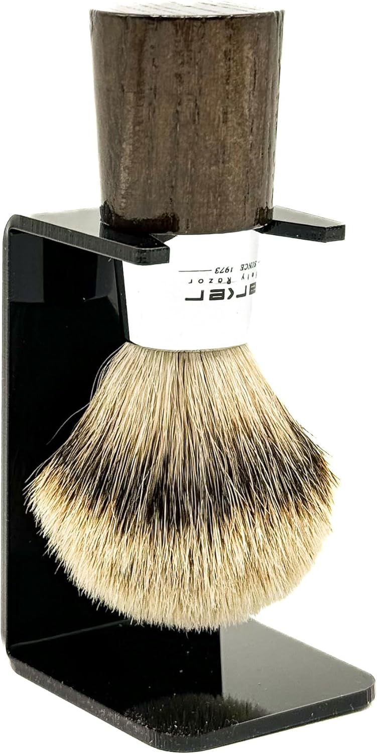 Parker Safety Razor Handmade Shaving Brush with 3-Band Silvertip Badger Bristles & Stand | Premium Walnut Wood & Chrome Handle | Luxury Wet Shave Tool for Men
