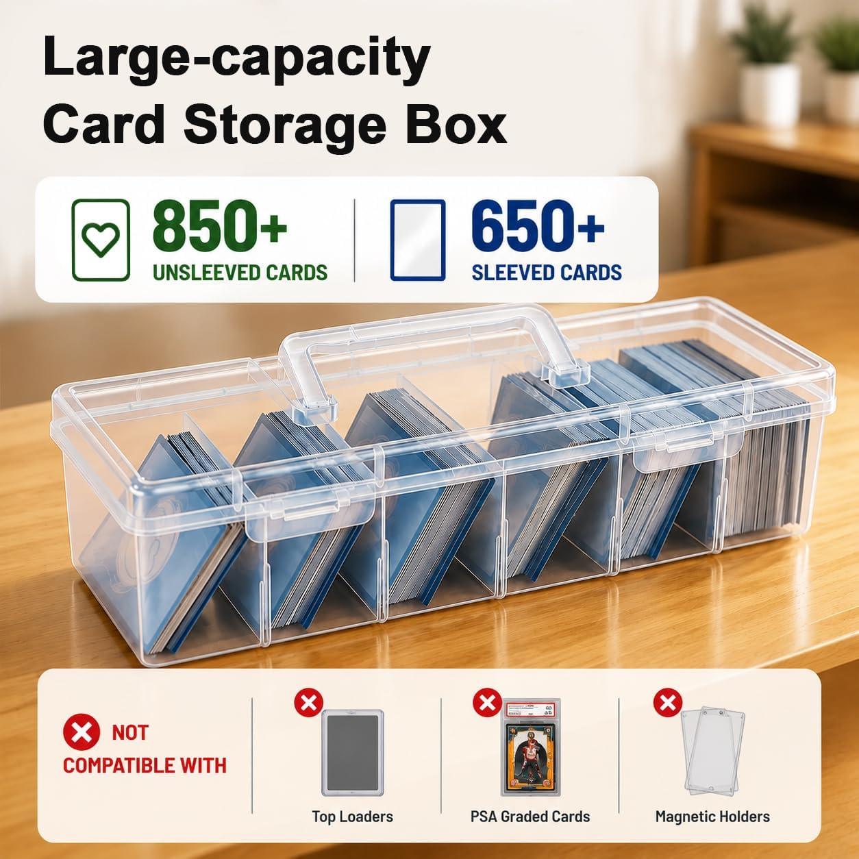 Trading Card Storage Box, Large Capacity Plastic Card Case for 850+ Cards or 650+ Sleeved Cards, with Removable Dividers and 10 Writable Labels, Clear Playing Card Organizer Box for Collectible Card