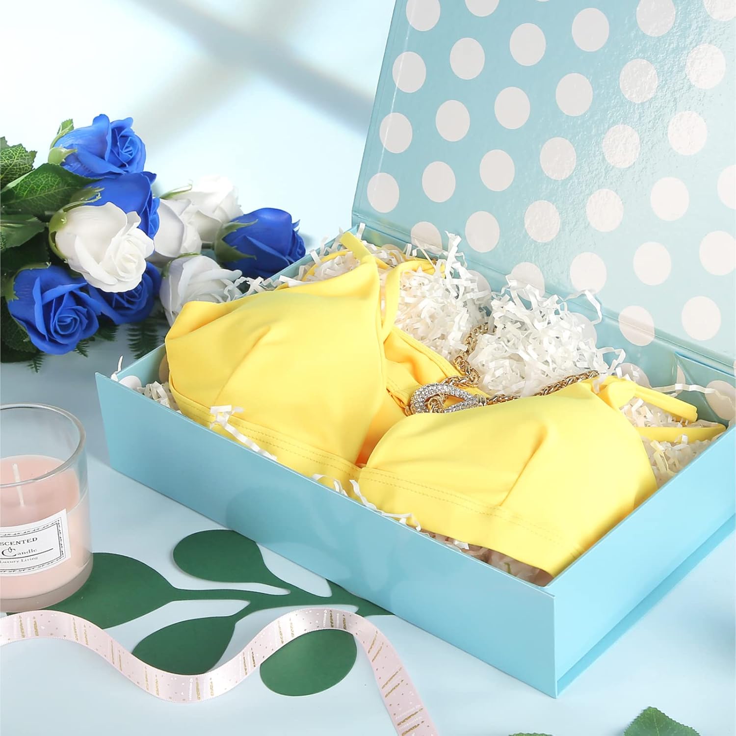 GREEN BEAN Gift Box 11×7.8×2.3 Inches, Baby Blue with Lid for Presents, Magnetic Closure, Shirt Gift Box for Clothes (Glossy Metallic Baby Blue, Polka Dot Design Inside)