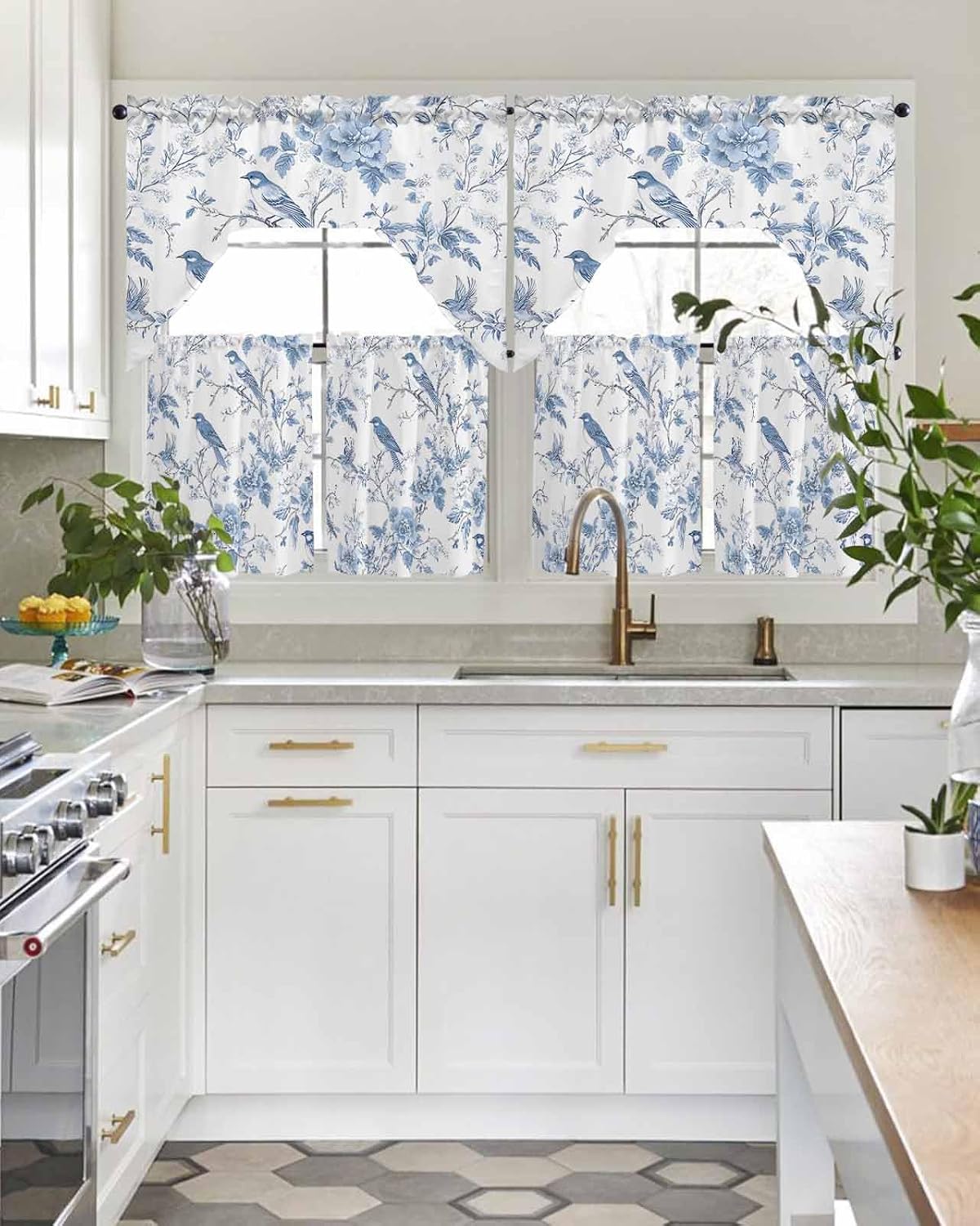 White Blue Spring Floral Swag Valance and Tier Curtains 24'' Length Set, Light Filtering Kitchen Curtains, Summer Birds Botanical Tier Curtain Valances for Bathroom/Living Room/Bedroom/Café
