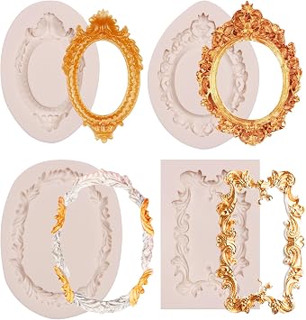 Picture Frame Fondant Molds, 4 Packs Vintage Baroque Mirror Silicone Molds for Chocolate Resin Clay Cake Decorating
