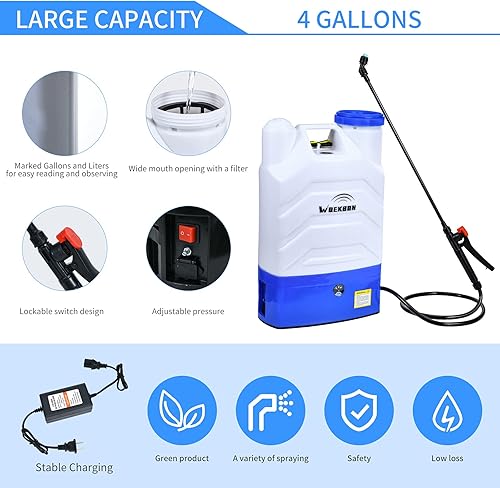Miniatura 2 de Pulverizador eléctrico de mochila de 4 galones con batería de litio para telescopio de latón y múltiples boquillas para limpieza por pulverización