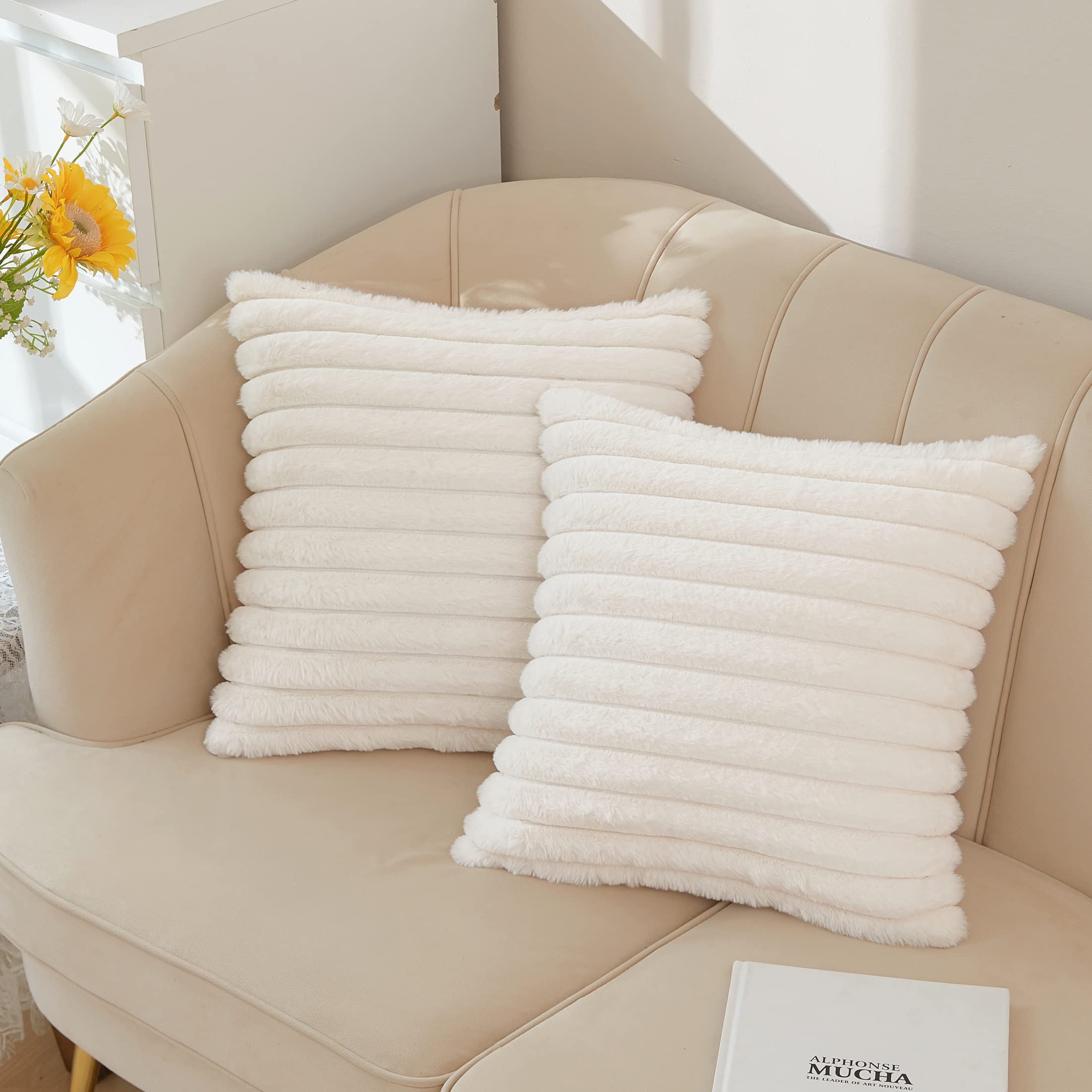 UhomySet of 2 Faux Fur Home Decorative Throw Pillow Cover Luxury Super Soft Fuzzy Striped Furry Pillowcase for Sofa Couch Bedroom Comfy Thick Fluffy Plush Cushion Cover 18x18 Inch 45 cm White